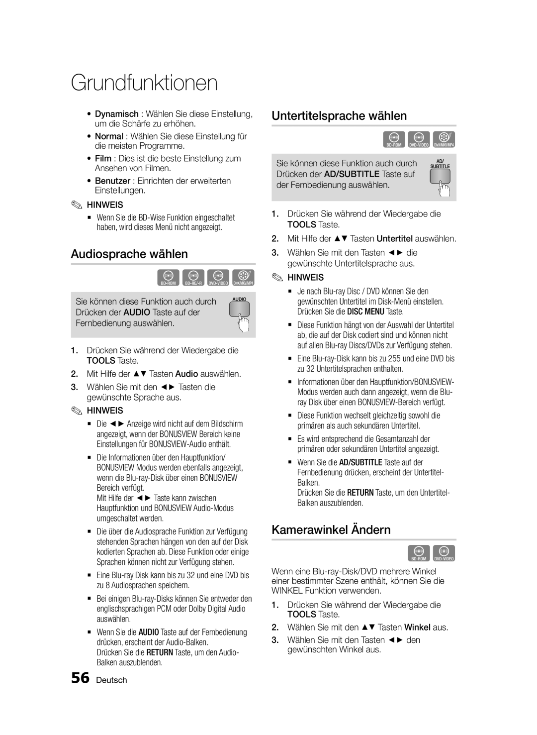 Samsung BD-D6900/ZF, BD-D6900/XN, BD-D6900/EN manual Audiosprache wählen, Untertitelsprache wählen, Kamerawinkel Ändern 