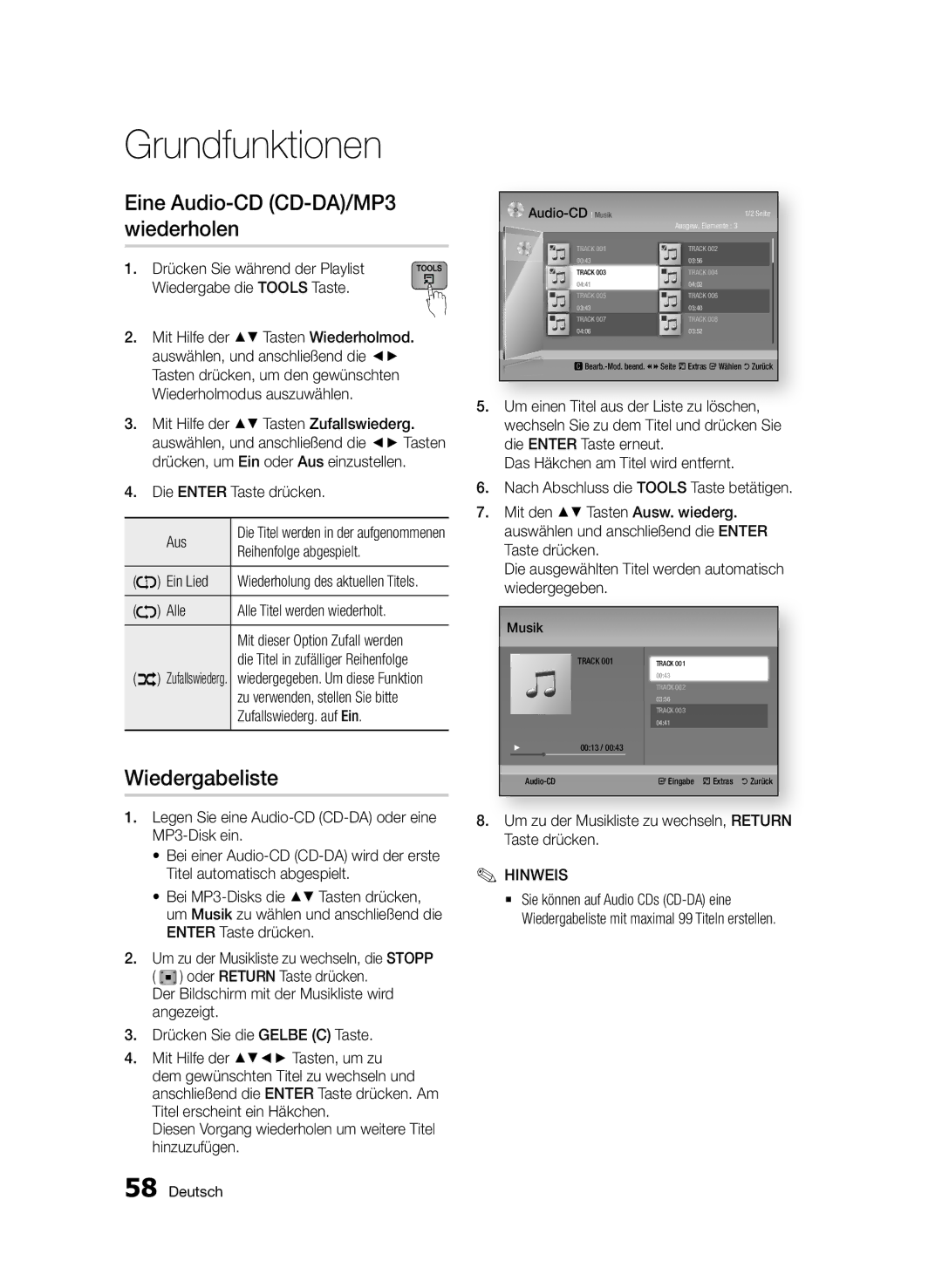 Samsung BD-D6900/EN, BD-D6900/XN, BD-D6900/ZF manual Eine Audio-CD CD-DA/MP3 wiederholen, Wiedergabeliste 