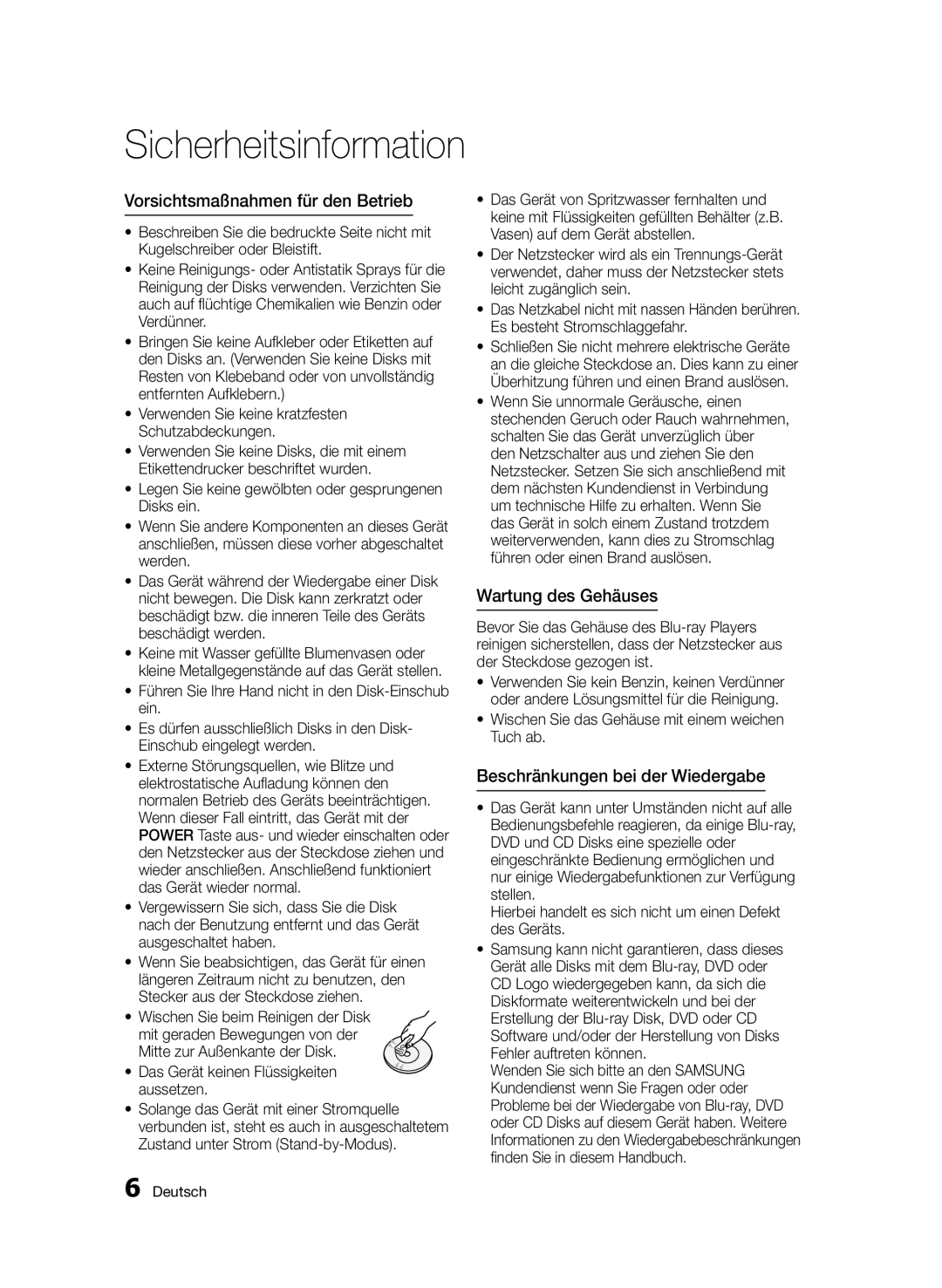 Samsung BD-D6900/XN manual Vorsichtsmaßnahmen für den Betrieb, Wartung des Gehäuses, Beschränkungen bei der Wiedergabe 