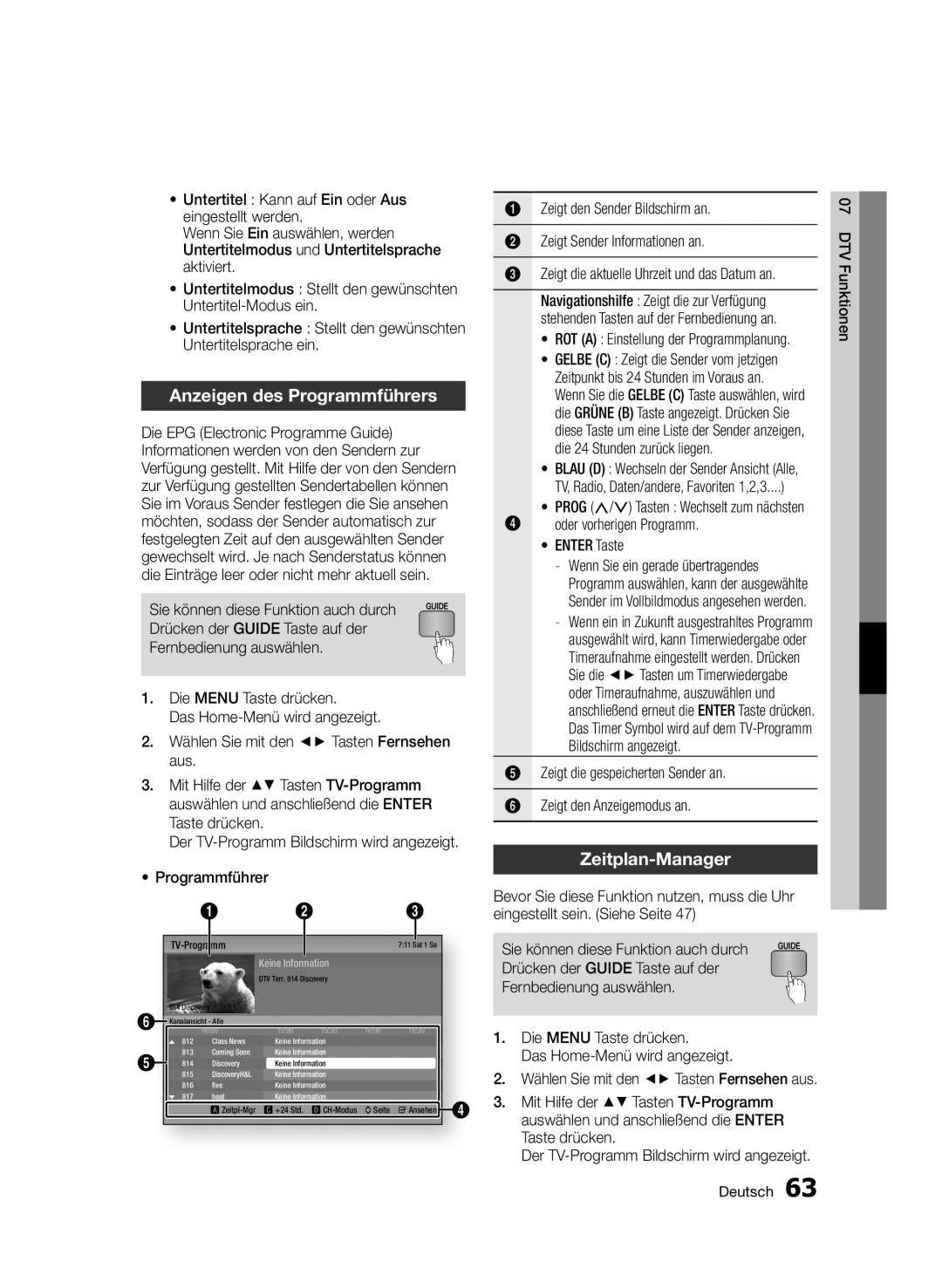 Samsung BD-D6900/XN, BD-D6900/EN manual Anzeigen des Programmführers, Zeitplan-Manager, Oder vorherigen Programm Enter Taste 