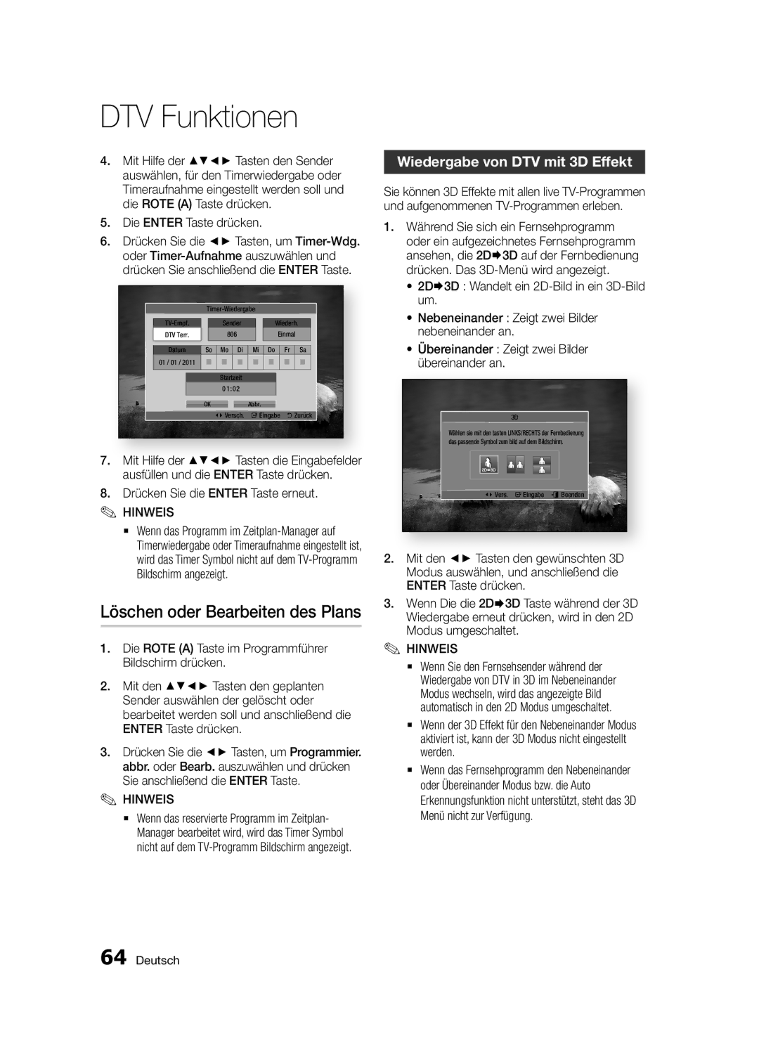 Samsung BD-D6900/EN, BD-D6900/XN, BD-D6900/ZF manual Löschen oder Bearbeiten des Plans, Wiedergabe von DTV mit 3D Effekt 