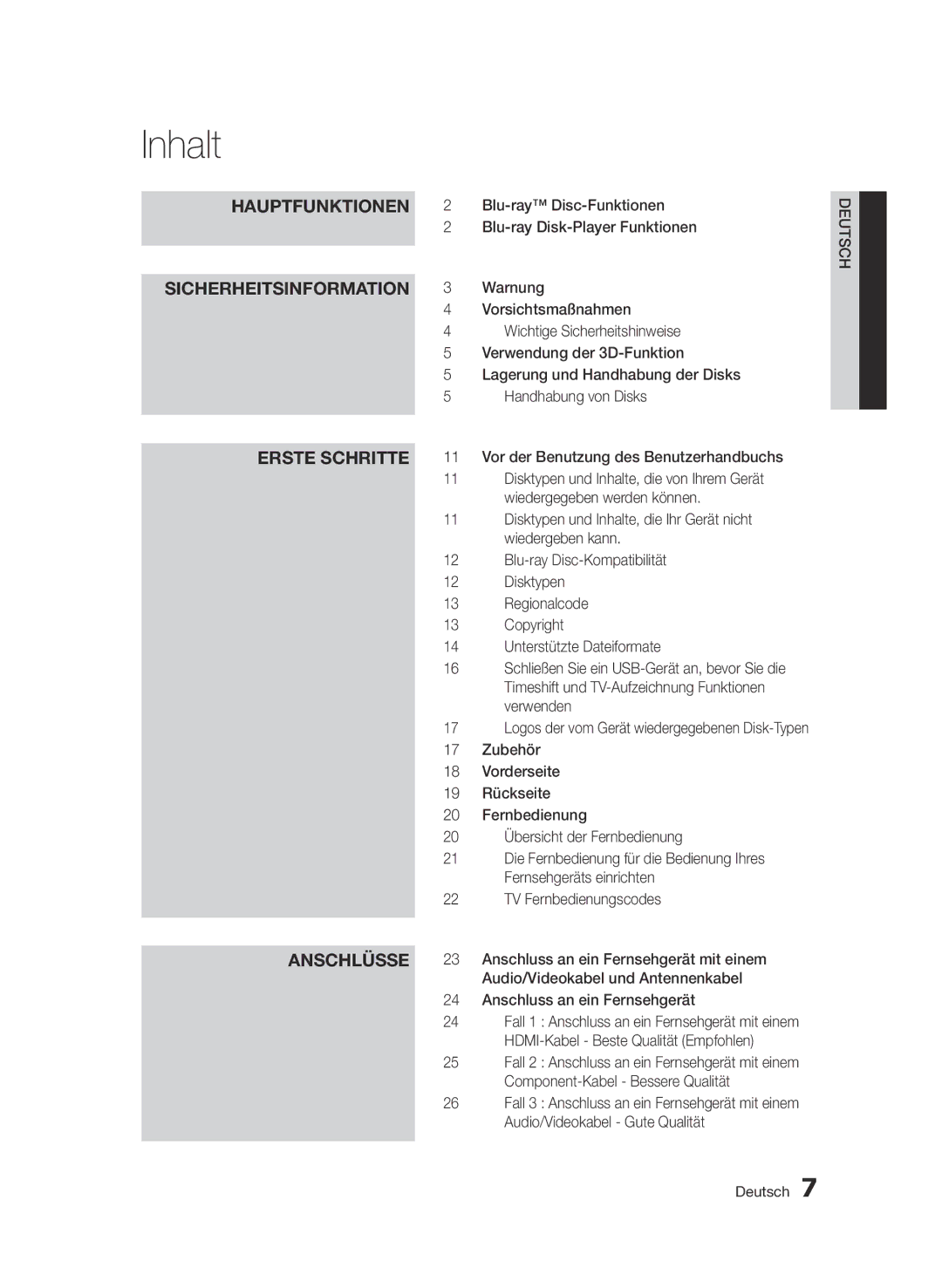 Samsung BD-D6900/EN, BD-D6900/XN, BD-D6900/ZF manual Inhalt 