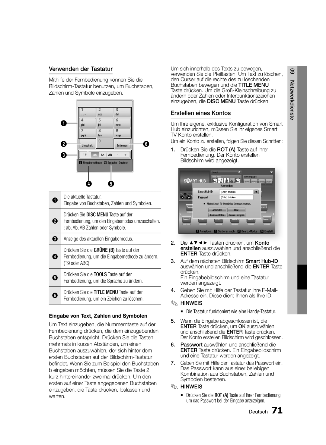 Samsung BD-D6900/ZF, BD-D6900/XN Verwenden der Tastatur, Erstellen eines Kontos, Eingabe von Text, Zahlen und Symbolen 