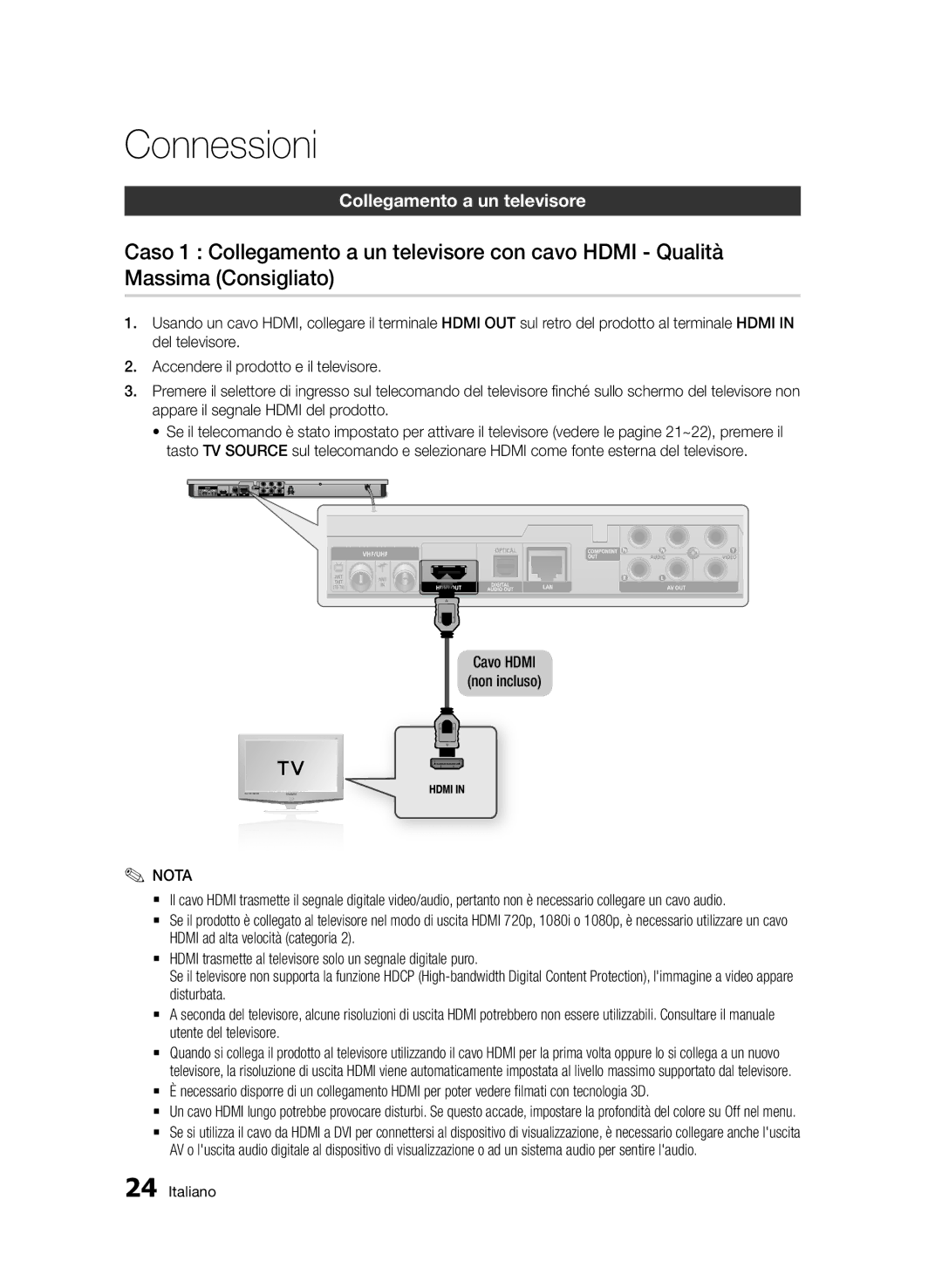 Samsung BD-D6900/ZF manual Collegamento a un televisore, Cavo Hdmi Non incluso 