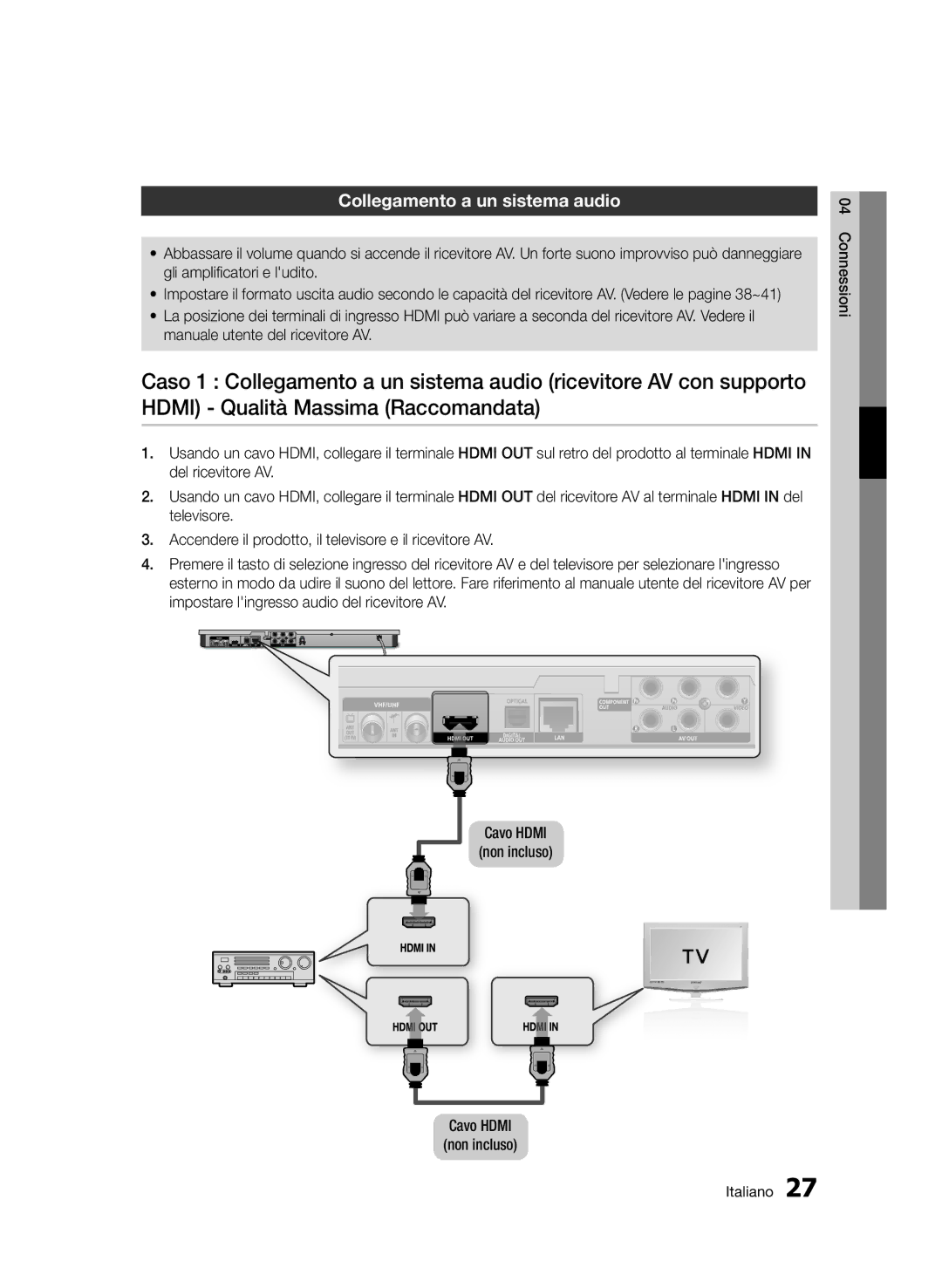 Samsung BD-D6900/ZF manual Collegamento a un sistema audio, Cavo Hdmi non incluso 