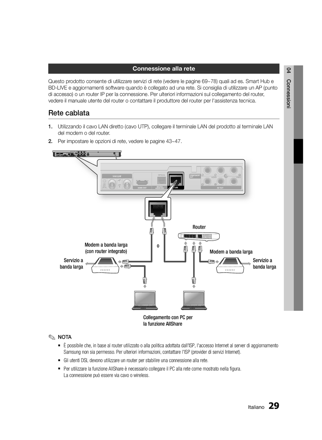 Samsung BD-D6900/ZF manual Rete cablata, Connessione alla rete, Servizio a, Collegamento con PC per la funzione AllShare 