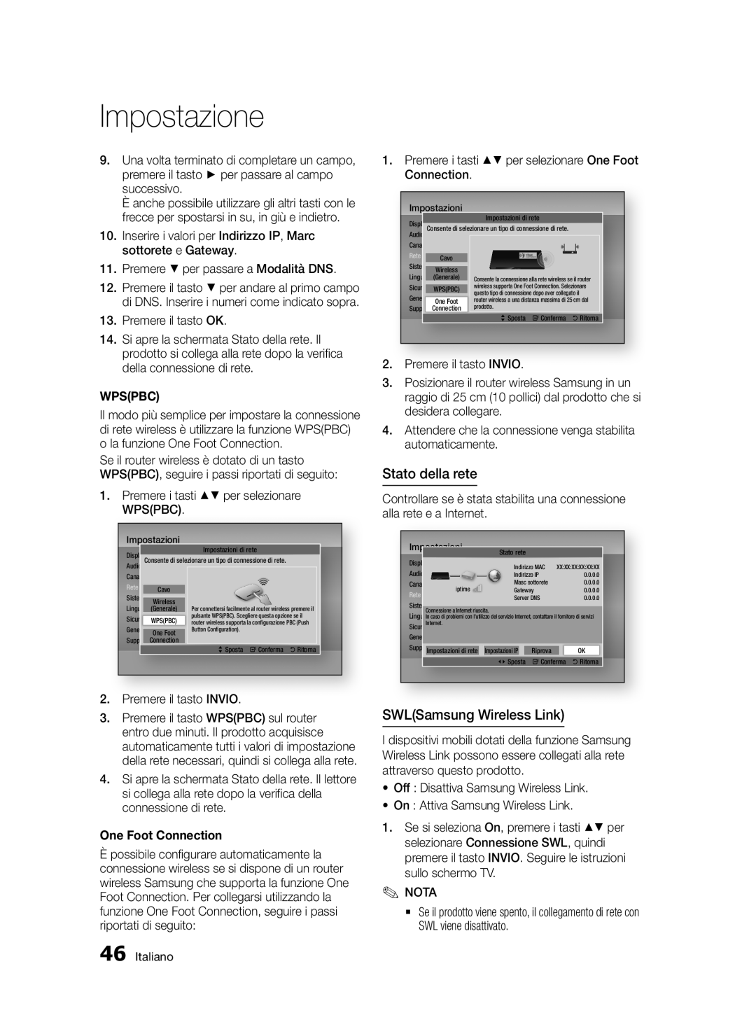 Samsung BD-D6900/ZF manual Stato della rete, SWLSamsung Wireless Link, Premere i tasti per selezionare Wpspbc 