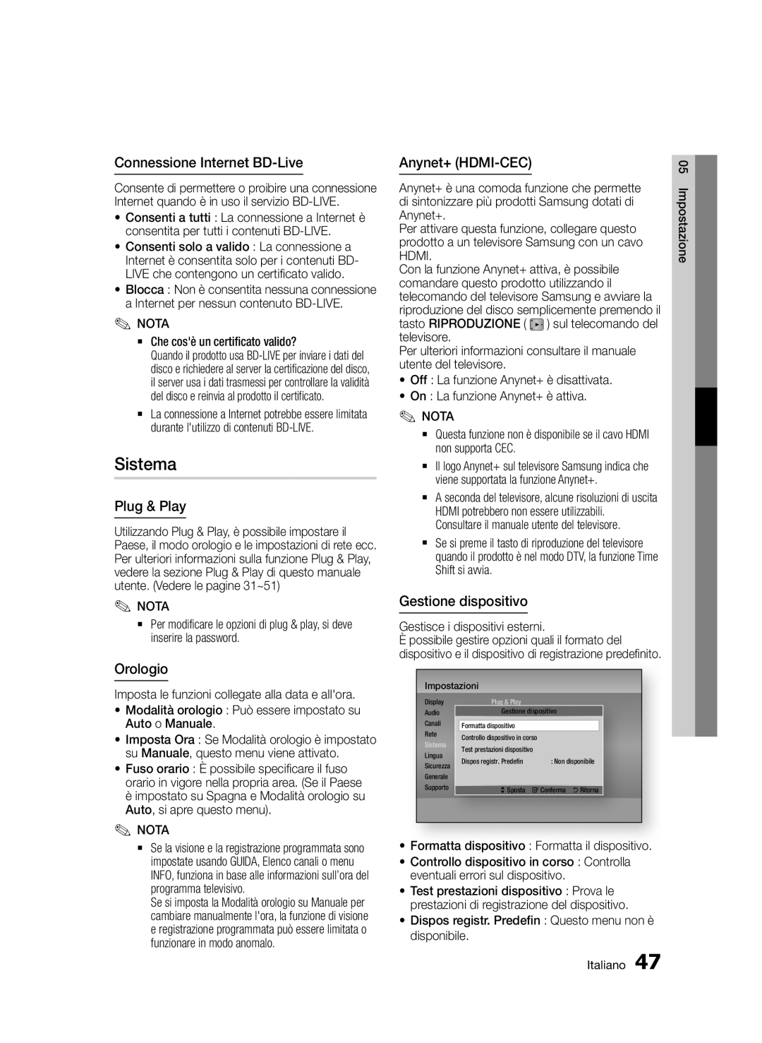 Samsung BD-D6900/ZF manual Sistema, Connessione Internet BD-Live, Orologio, Anynet+ HDMI-CEC, Gestione dispositivo 