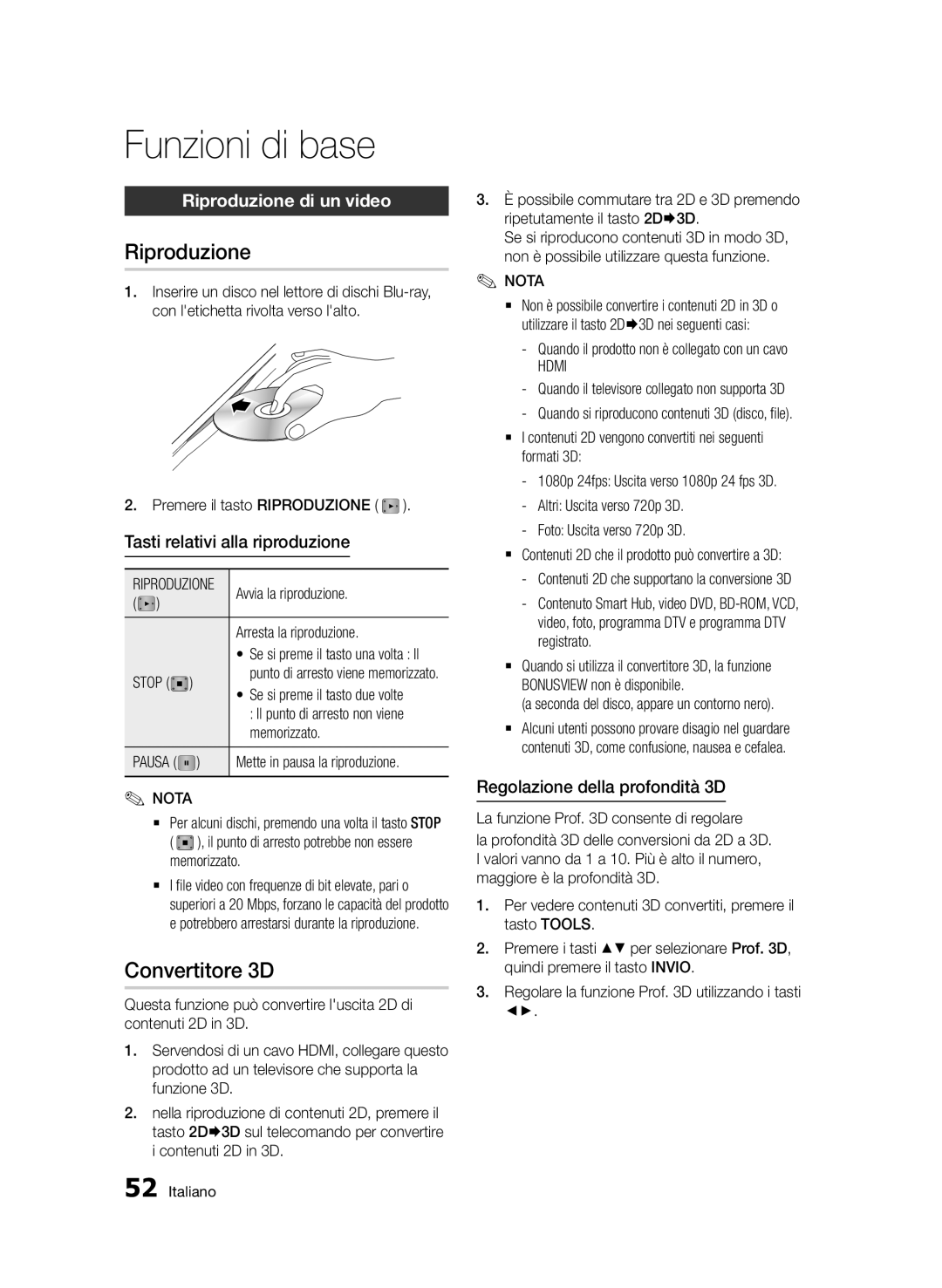 Samsung BD-D6900/ZF manual Funzioni di base, Convertitore 3D, Riproduzione di un video 