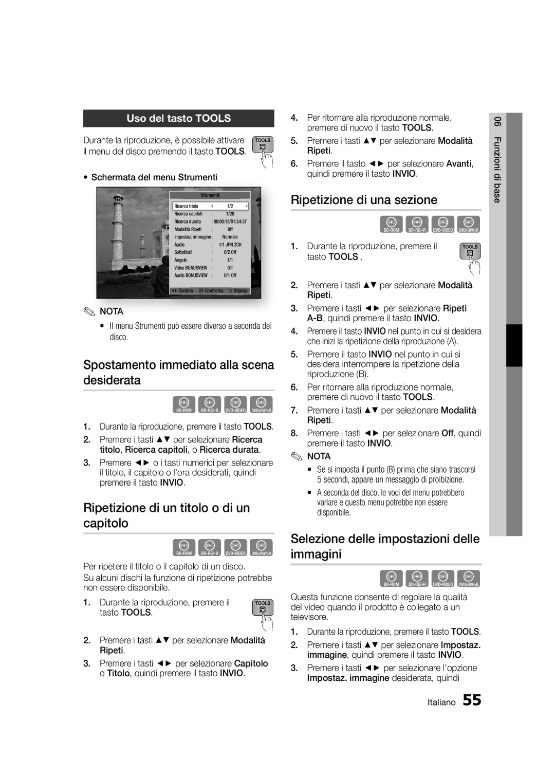 Samsung BD-D6900/ZF manual Spostamento immediato alla scena desiderata, Ripetizione di un titolo o di un capitolo 