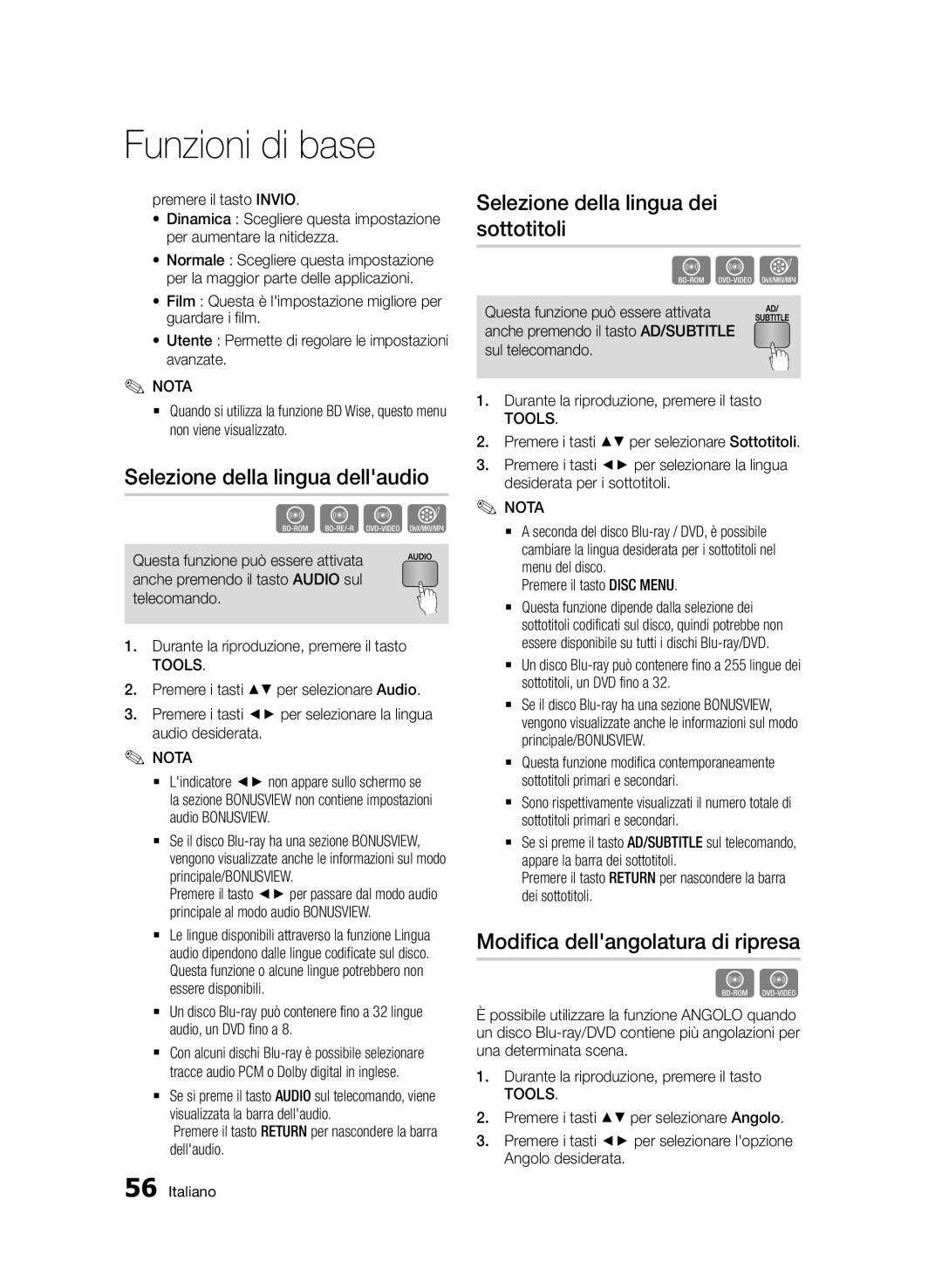 Samsung BD-D6900/ZF Selezione della lingua dellaudio, Selezione della lingua dei sottotitoli, Premere il tasto Disc Menu 