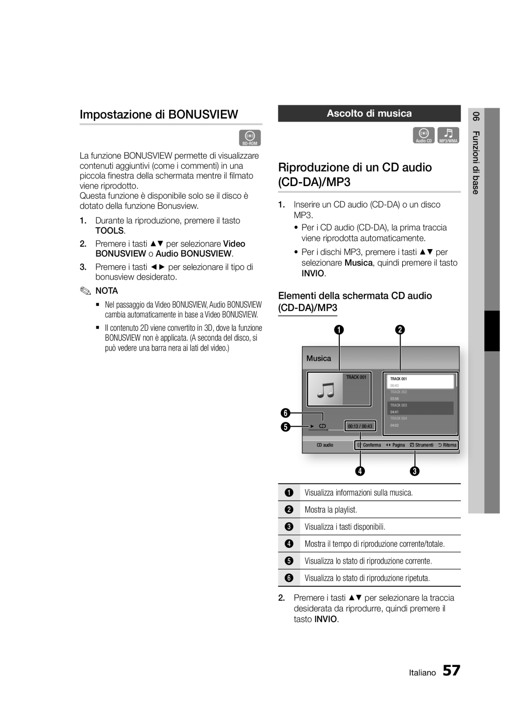 Samsung BD-D6900/ZF manual Impostazione di Bonusview, Riproduzione di un CD audio CD-DA/MP3, Ascolto di musica 