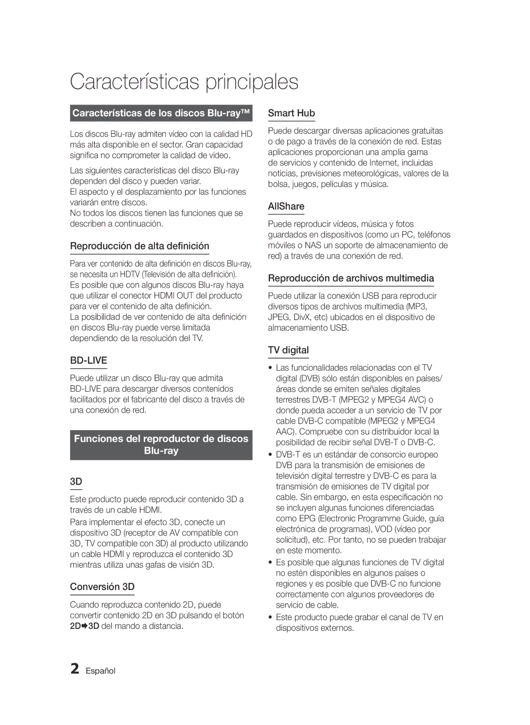 Samsung BD-D6900/ZF manual Características principales, Características de los discos Blu-ray 