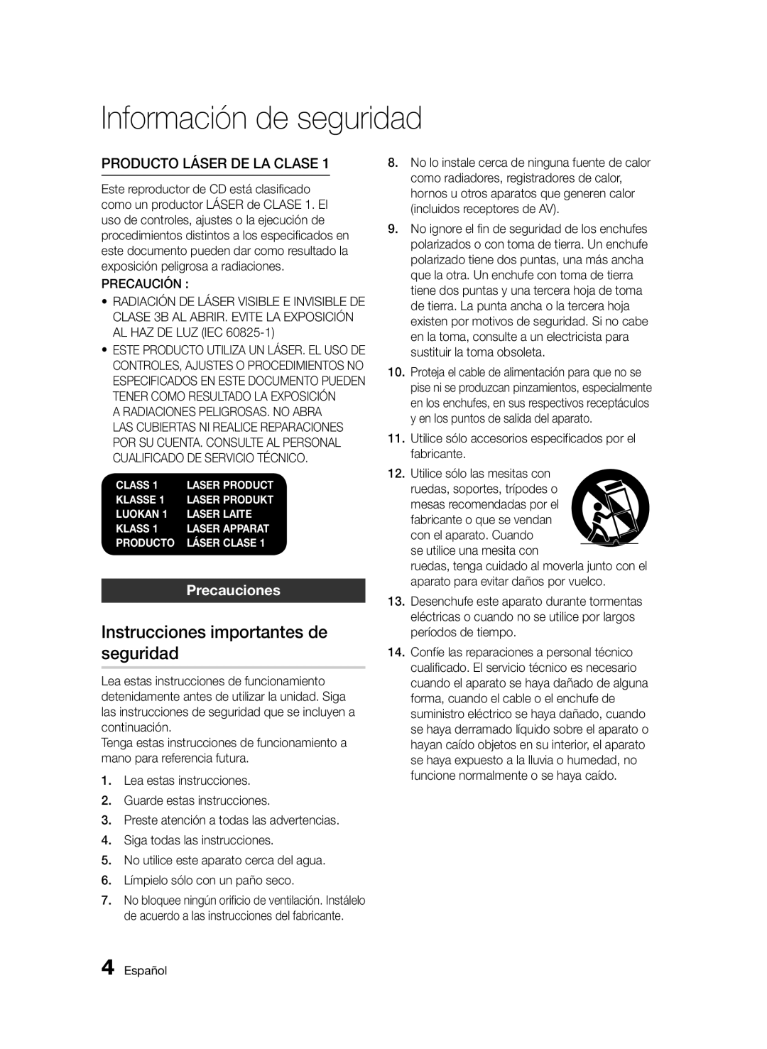 Samsung BD-D6900/ZF manual Instrucciones importantes de seguridad, Precauciones 