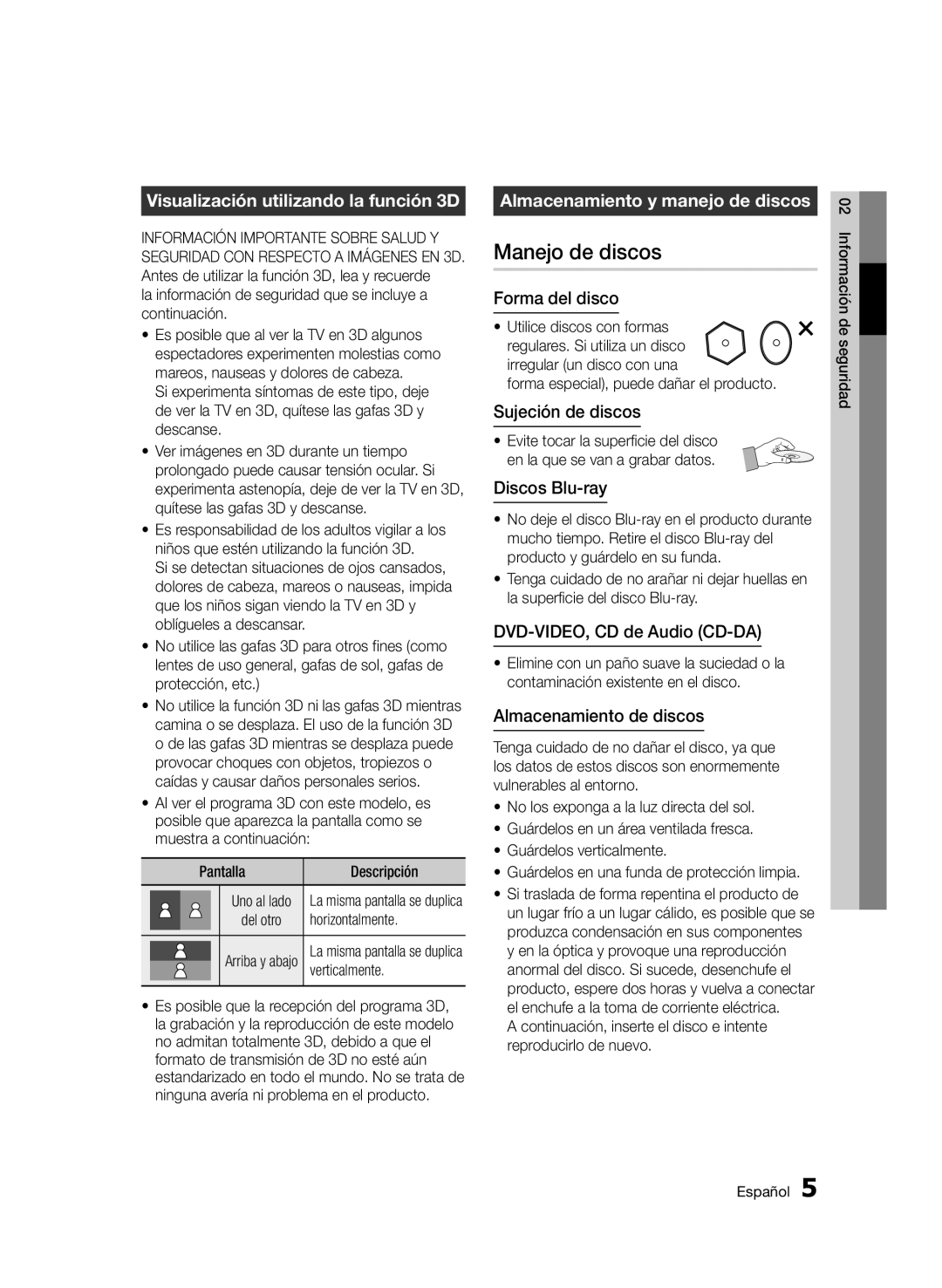 Samsung BD-D6900/ZF manual Manejo de discos, Visualización utilizando la función 3D, Almacenamiento y manejo de discos 