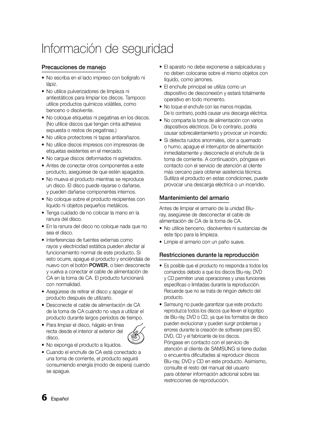 Samsung BD-D6900/ZF manual Precauciones de manejo, Mantenimiento del armario, Restricciones durante la reproducción 