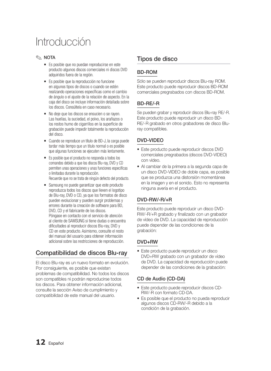 Samsung BD-D6900/ZF manual Compatibilidad de discos Blu-ray, Tipos de disco, CD de Audio CD-DA 