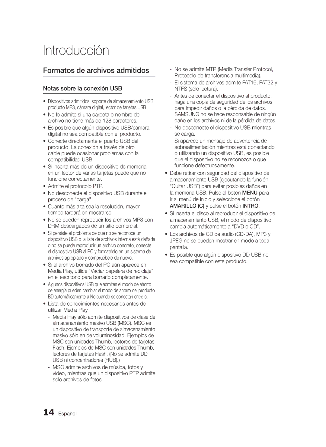 Samsung BD-D6900/ZF manual Formatos de archivos admitidos, Notas sobre la conexión USB 