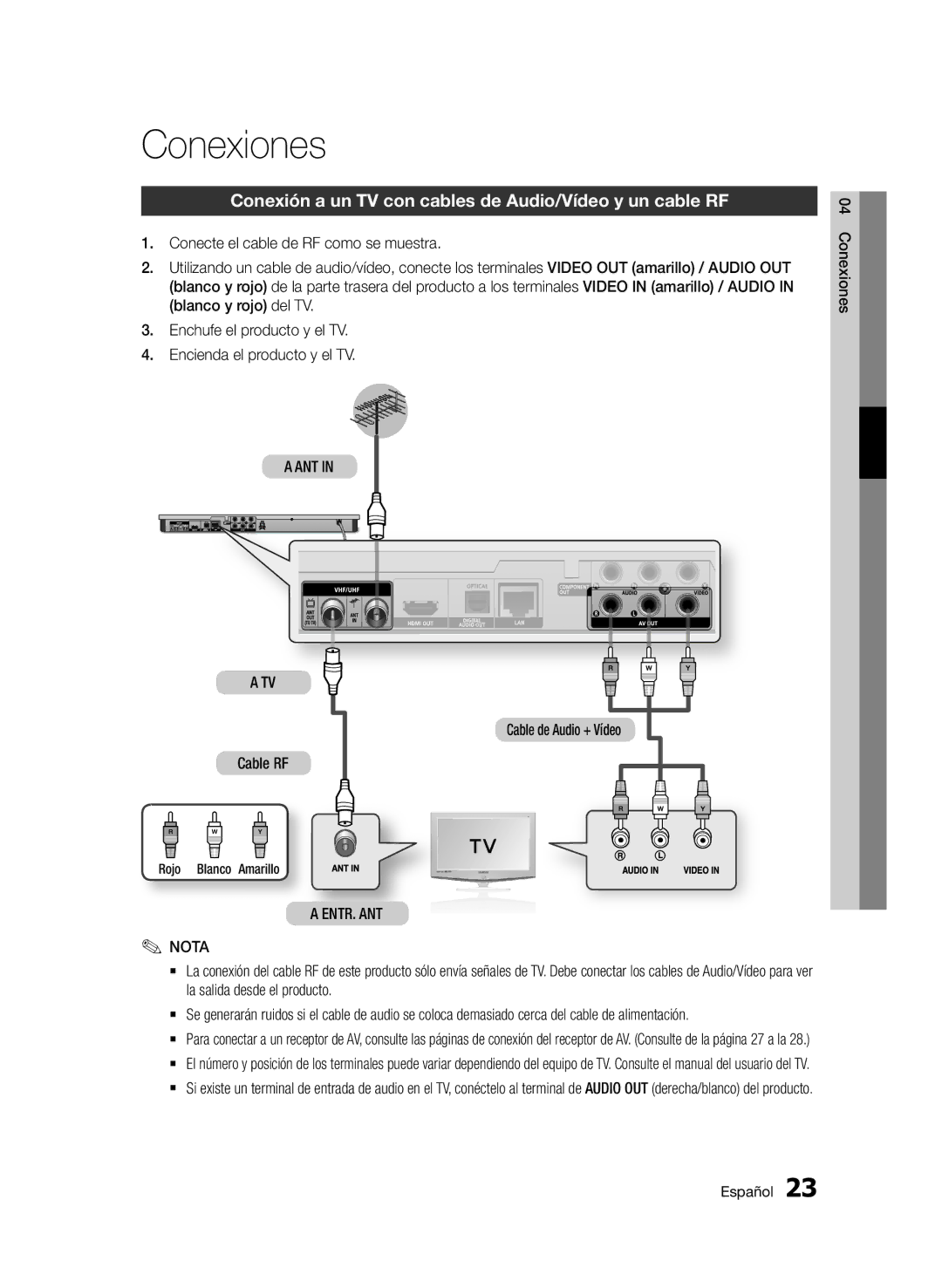 Samsung BD-D6900/ZF manual Conexiones, Conexión a un TV con cables de Audio/Vídeo y un cable RF, Ant, ENTR. ANT Nota 