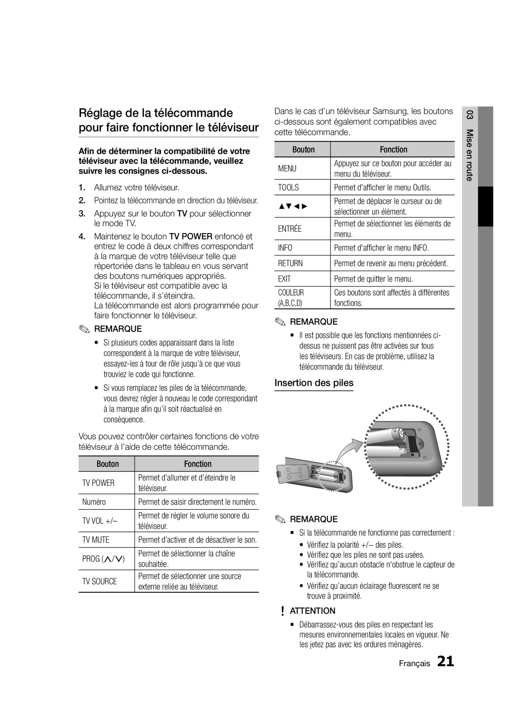 Samsung BD-D6900/ZF manual Insertion des piles 