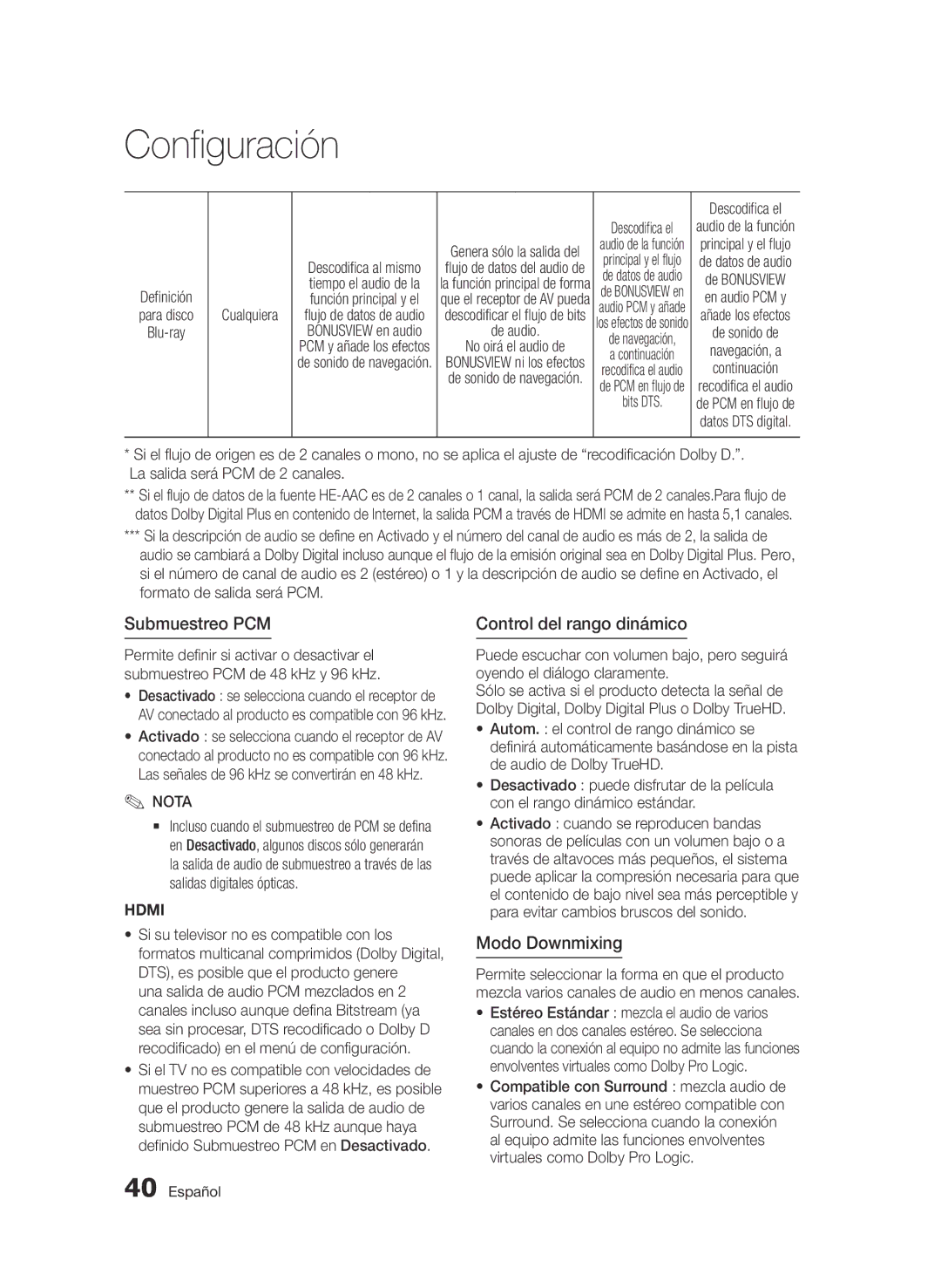 Samsung BD-D6900/ZF manual Submuestreo PCM, Control del rango dinámico, Modo Downmixing, Descodifica el, Cualquiera 