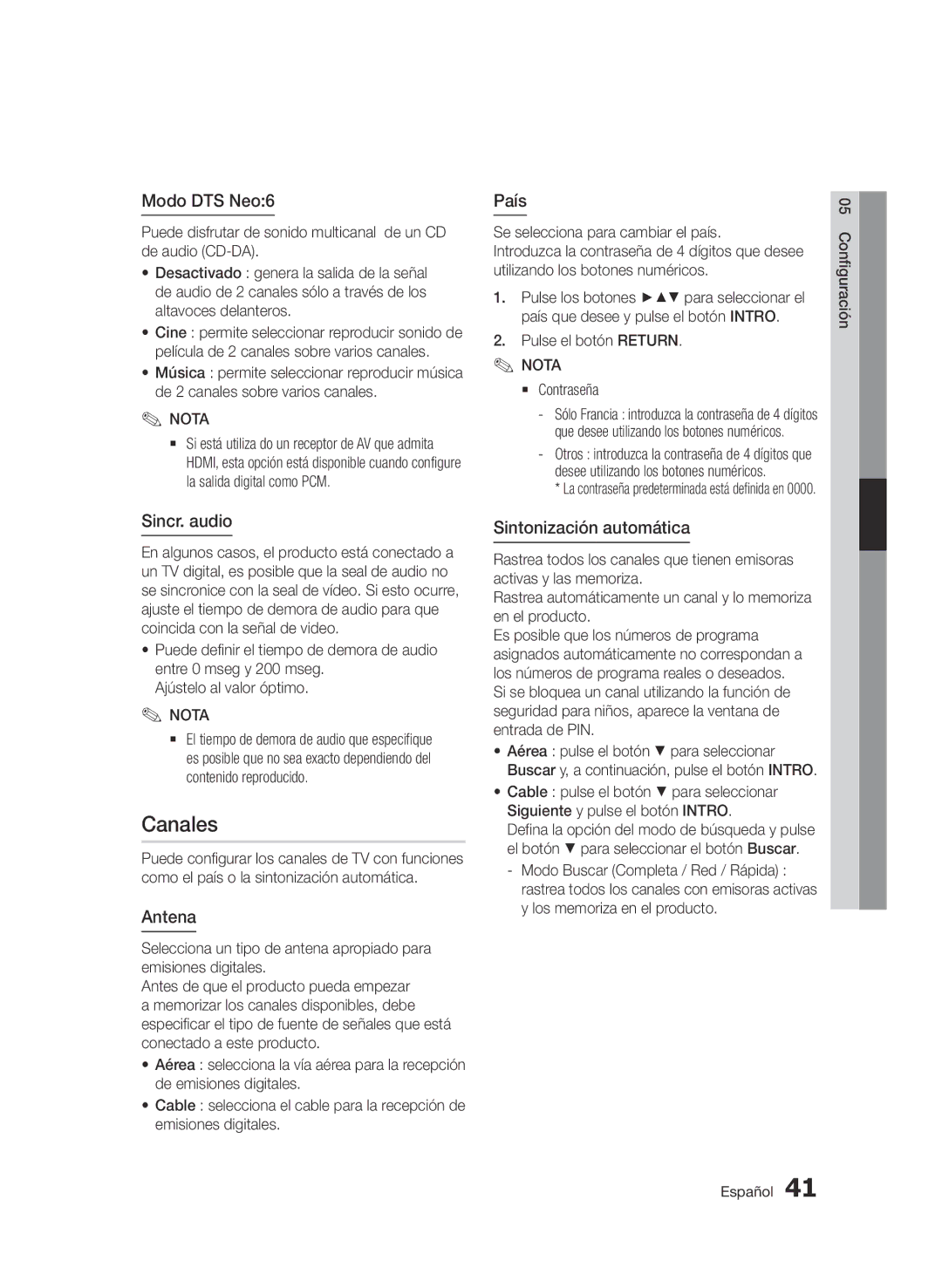 Samsung BD-D6900/ZF manual Canales, Sincr. audio, Antena, País, Sintonización automática 