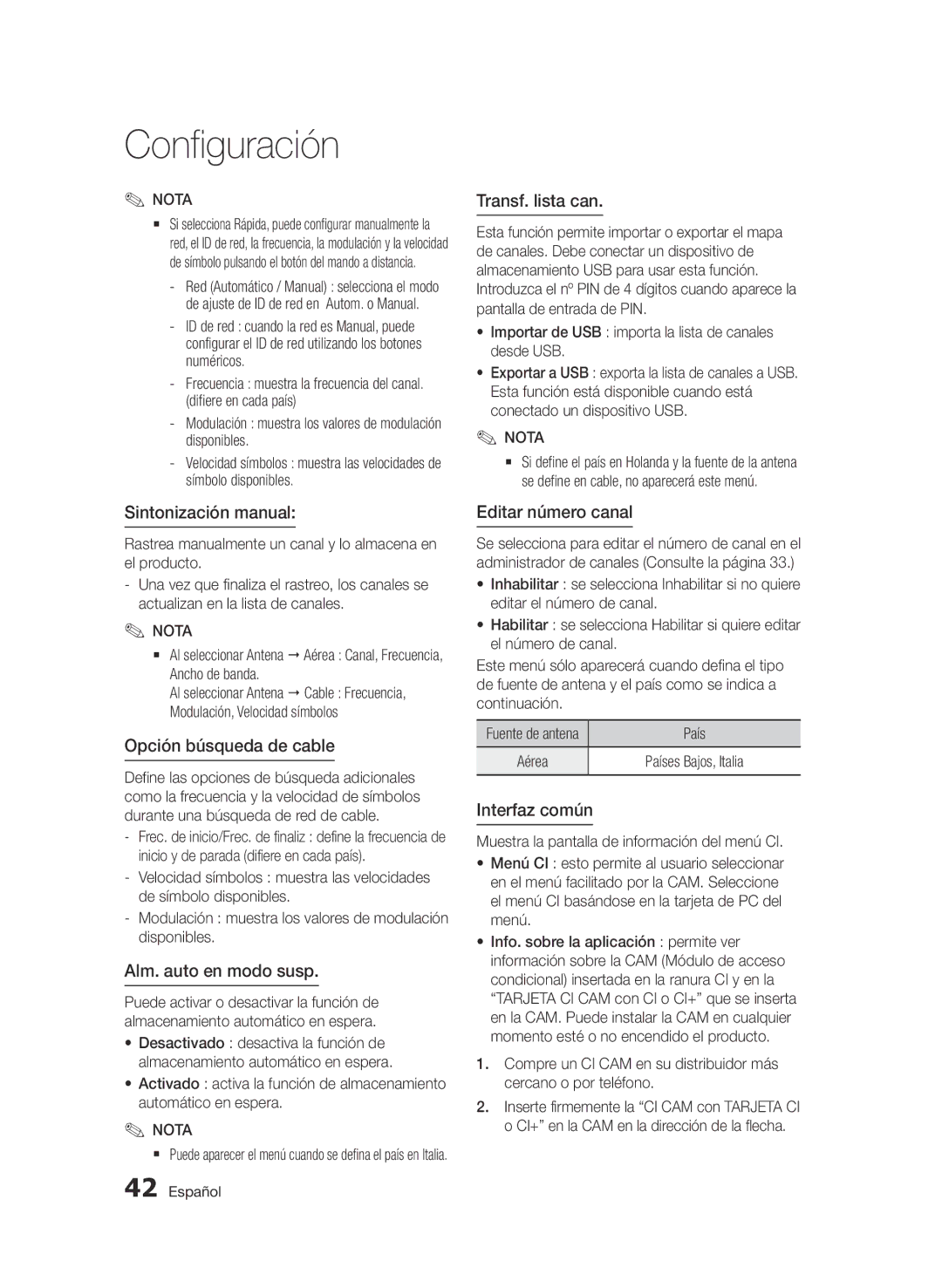 Samsung BD-D6900/ZF Sintonización manual, Opción búsqueda de cable, Alm. auto en modo susp, Transf. lista can 