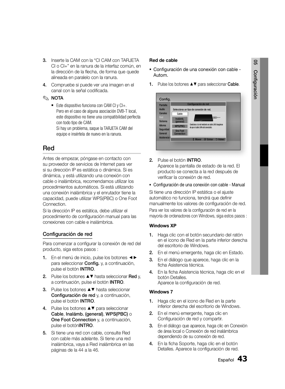 Samsung BD-D6900/ZF manual Configuración de red, Red de cable, ƒƒ Configuración de una conexión con cable Autom 