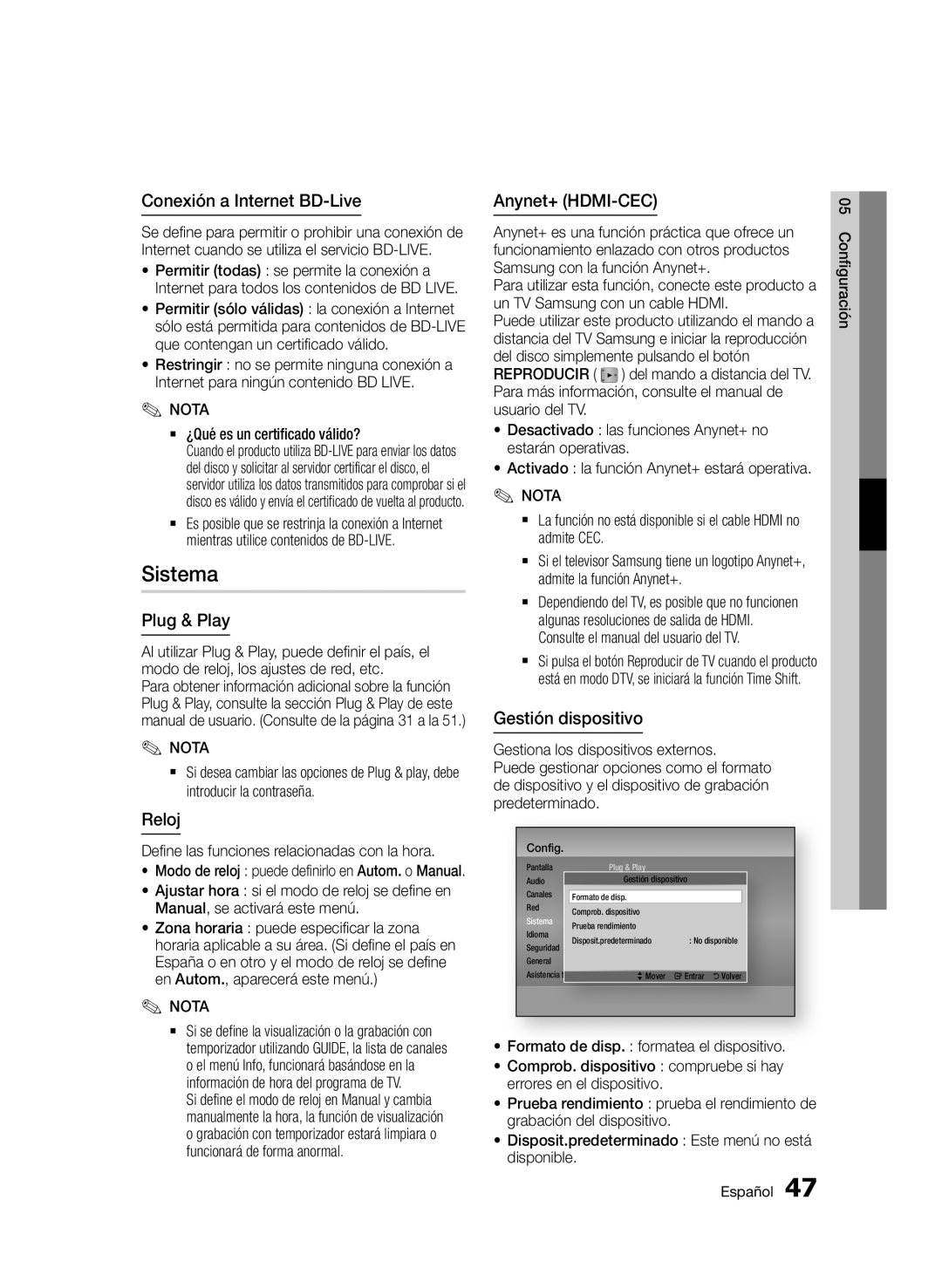 Samsung BD-D6900/ZF manual Conexión a Internet BD-Live, Reloj, Gestión dispositivo, `` ¿Qué es un certificado válido? 