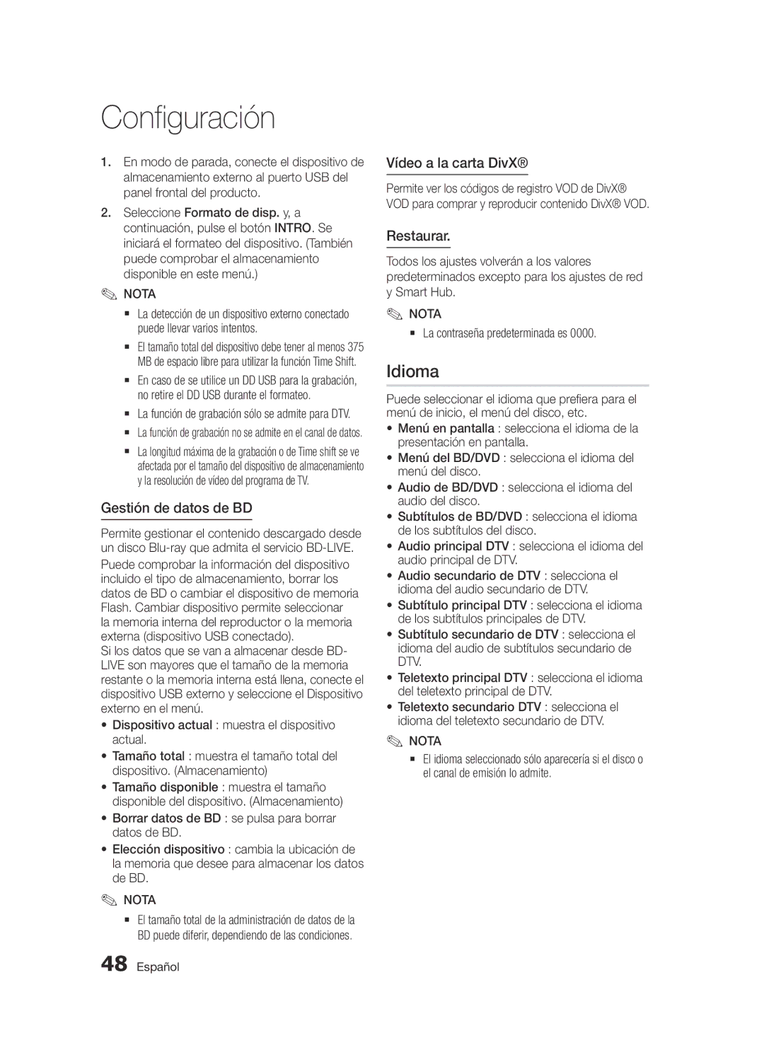 Samsung BD-D6900/ZF Idioma, Gestión de datos de BD, Vídeo a la carta DivX, Restaurar, `` La contraseña predeterminada es 