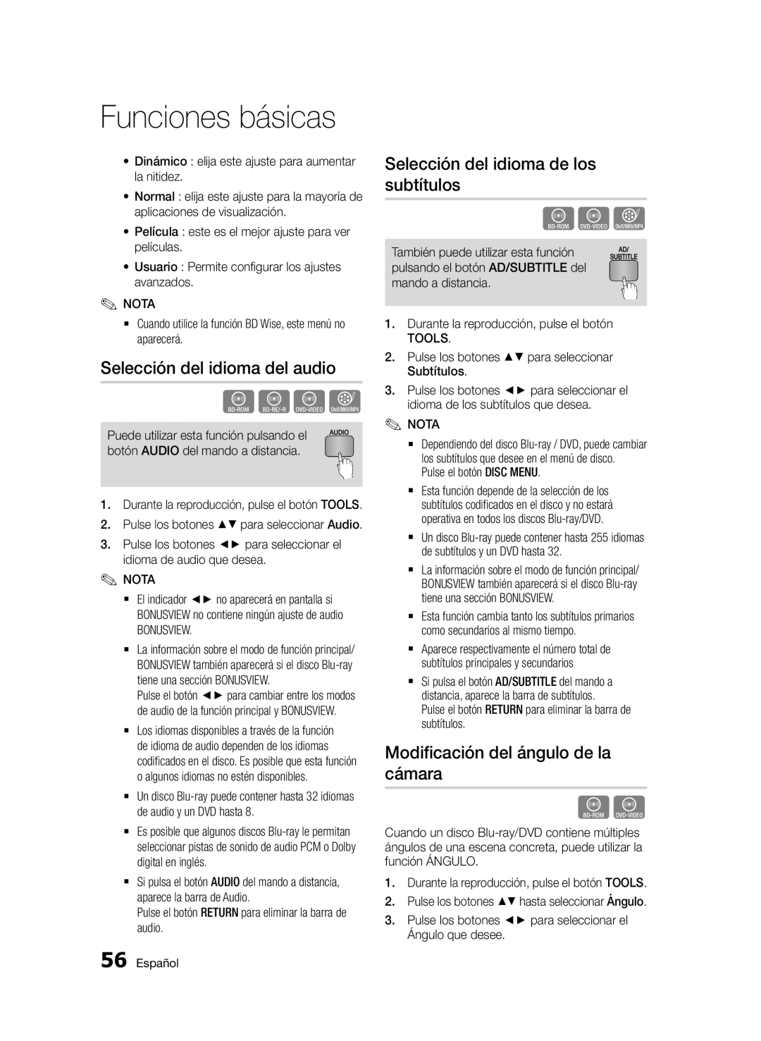 Samsung BD-D6900/ZF manual Selección del idioma del audio, Selección del idioma de los subtítulos, Bonusview 