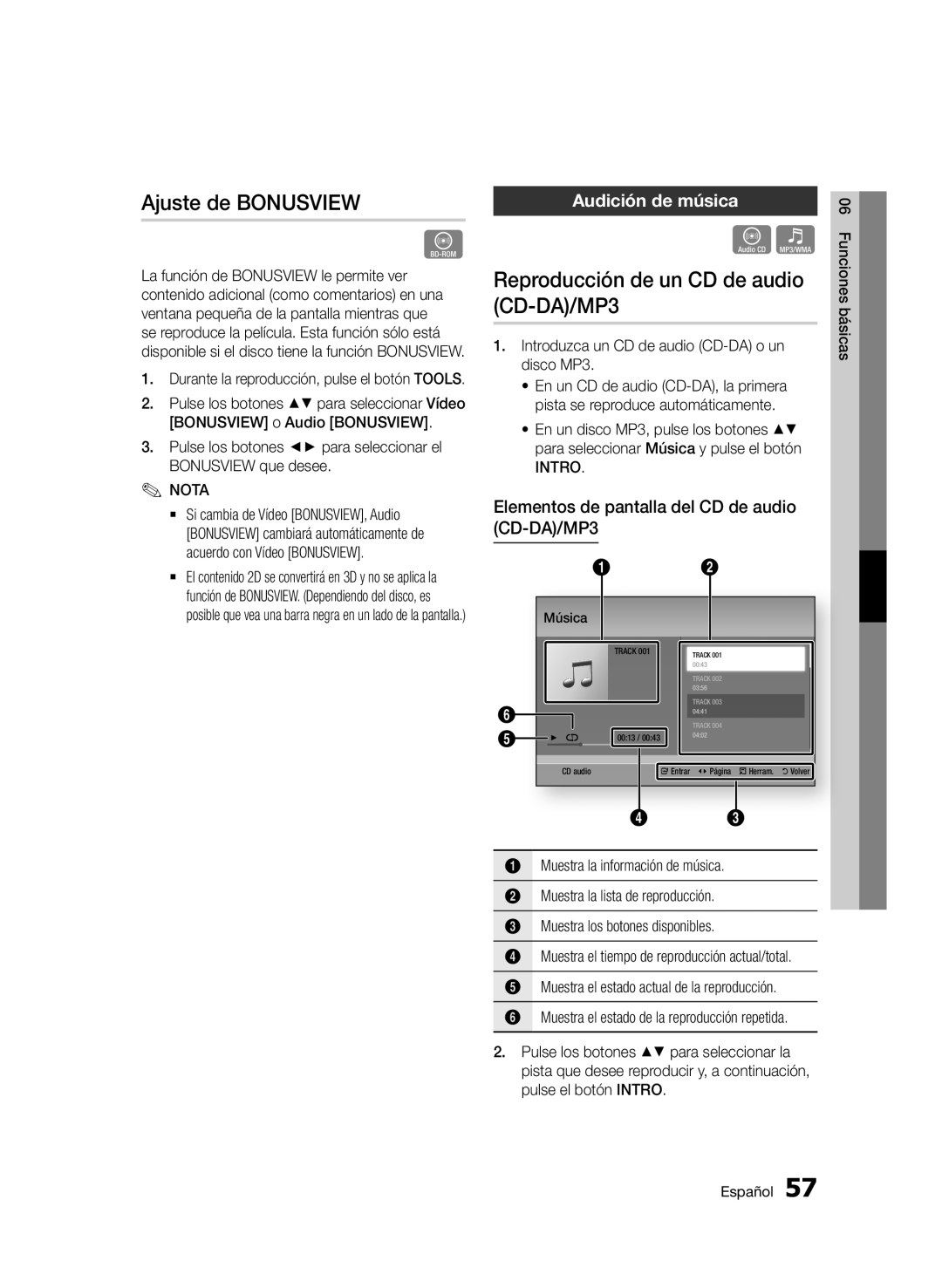 Samsung BD-D6900/ZF manual Ajuste de Bonusview, Reproducción de un CD de audio CD-DA/MP3, Audición de música 