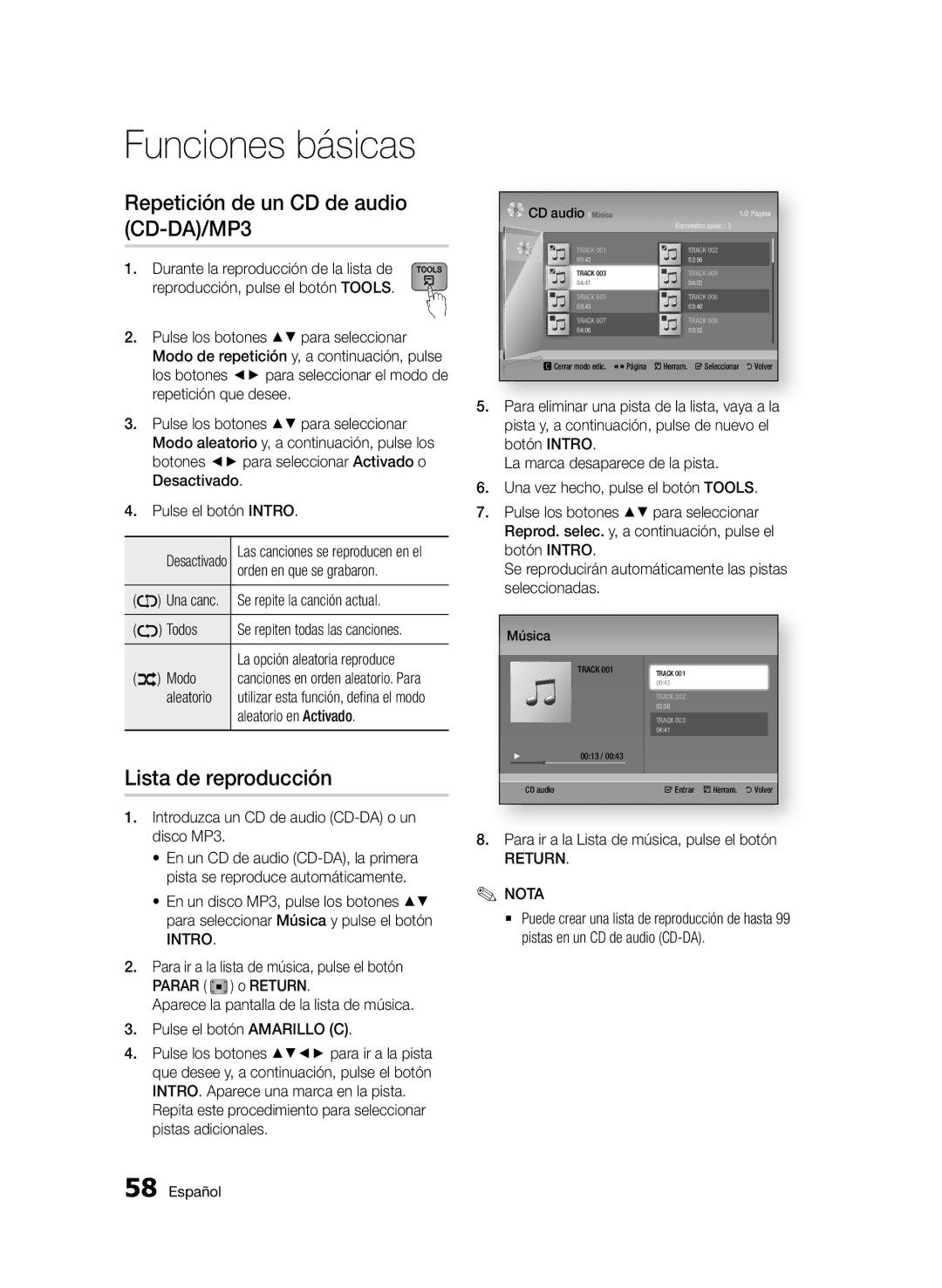 Samsung BD-D6900/ZF manual Repetición de un CD de audio CD-DA/MP3, Lista de reproducción, Return Nota 