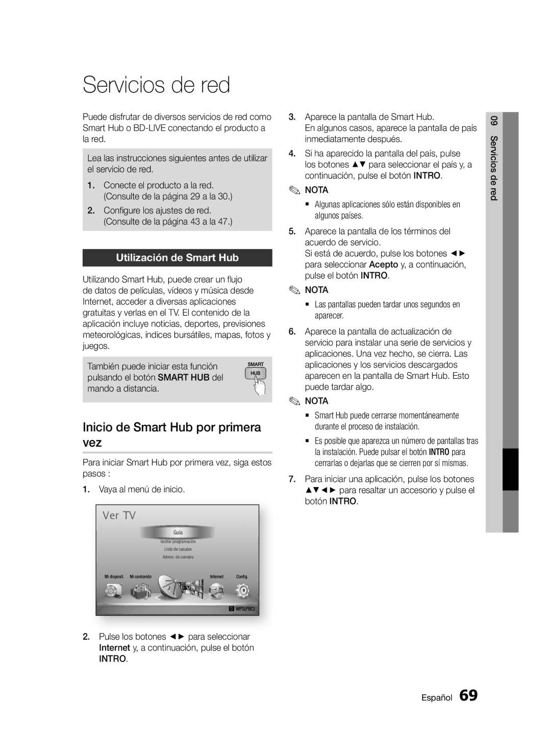 Samsung BD-D6900/ZF manual Servicios de red, Inicio de Smart Hub por primera vez, Utilización de Smart Hub 