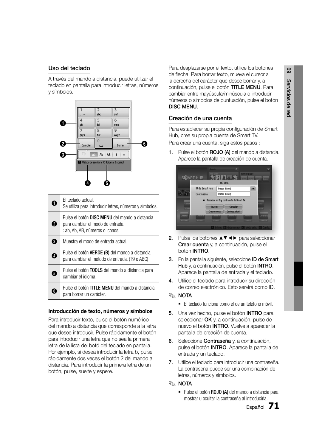 Samsung BD-D6900/ZF manual Uso del teclado, Creación de una cuenta, Introducción de texto, números y símbolos, Disc Menu 