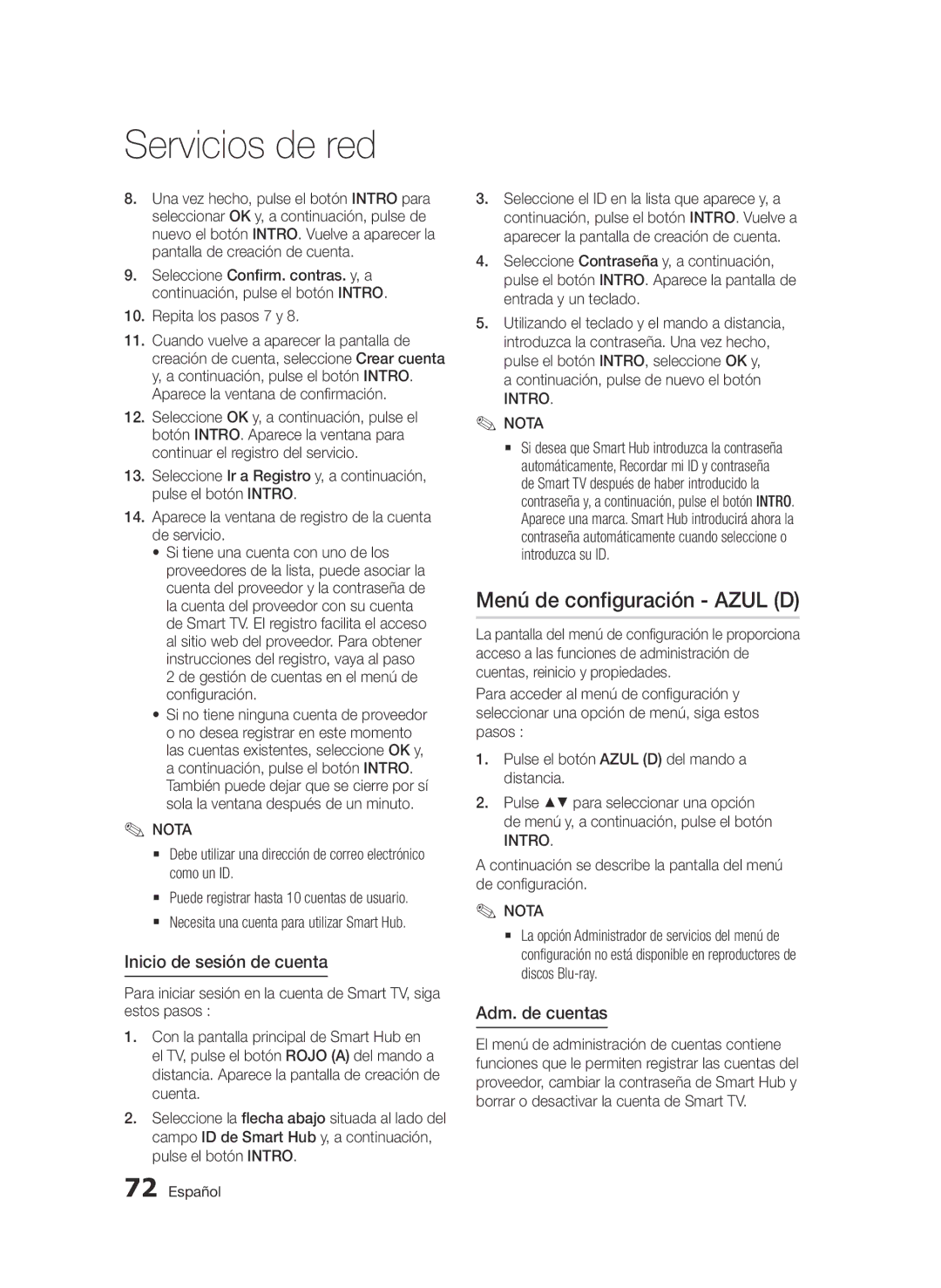 Samsung BD-D6900/ZF manual Menú de configuración Azul D, Inicio de sesión de cuenta, Adm. de cuentas, Intro Nota 