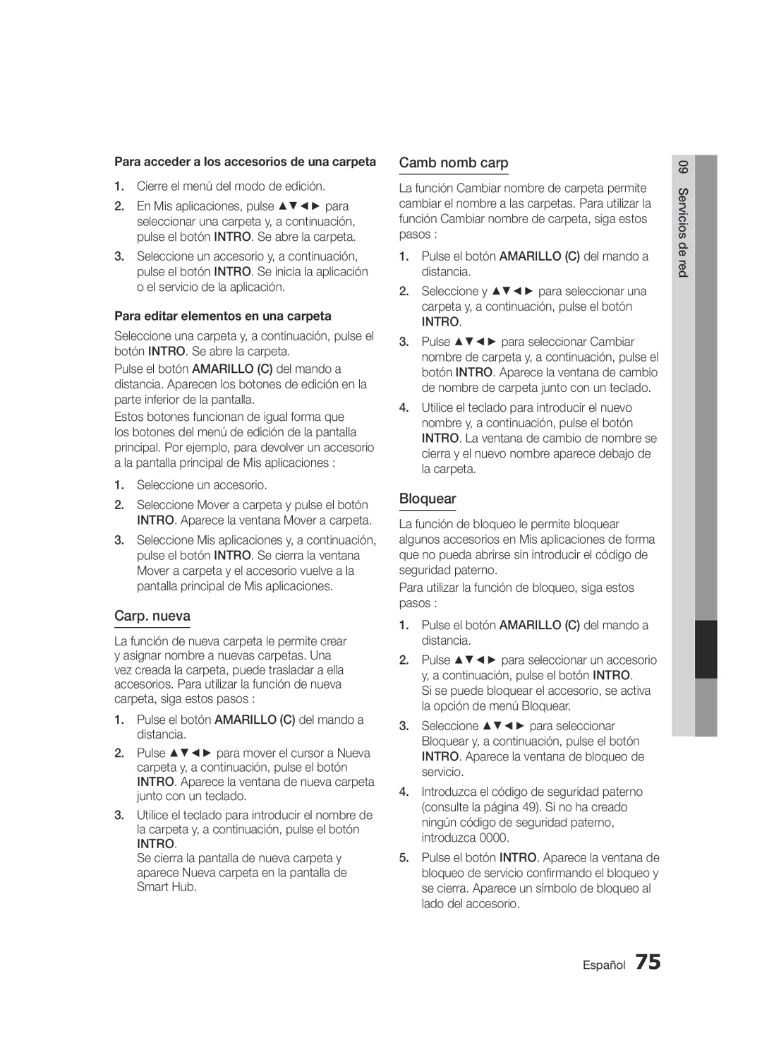 Samsung BD-D6900/ZF manual Carp. nueva, Camb nomb carp, Bloquear, Para editar elementos en una carpeta 