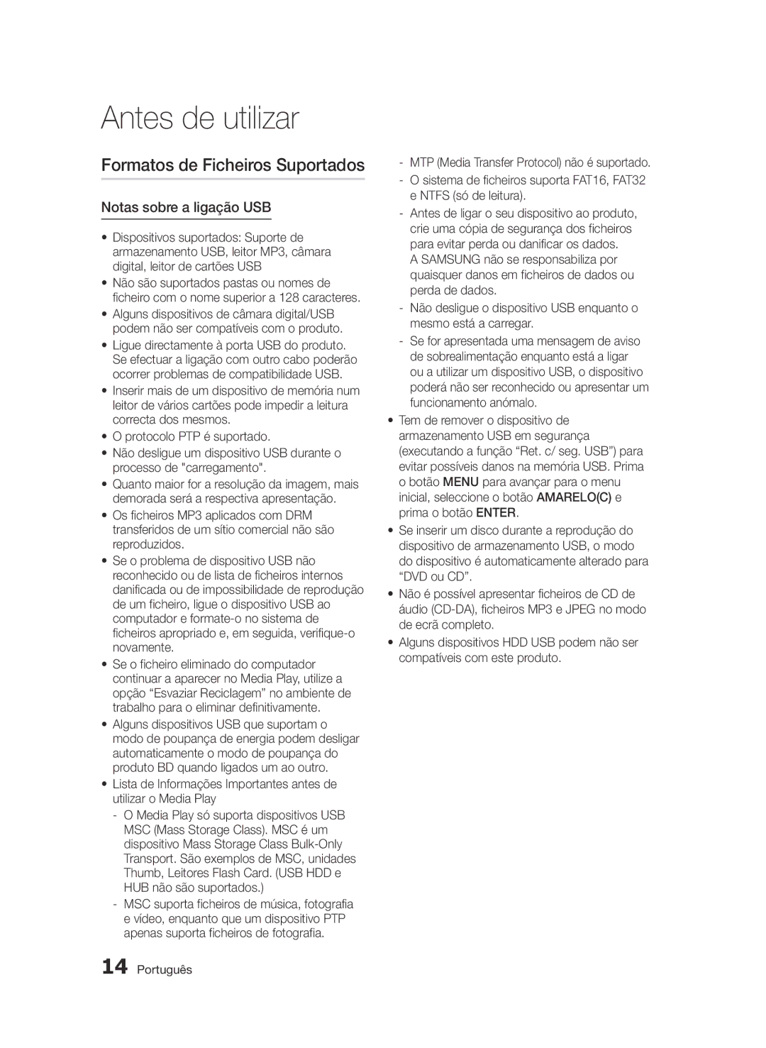 Samsung BD-D6900/ZF manual Formatos de Ficheiros Suportados, Notas sobre a ligação USB, Ntfs só de leitura 