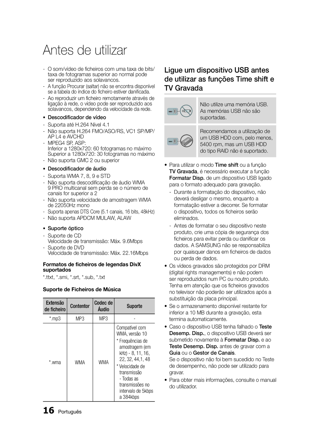 Samsung BD-D6900/ZF manual Formatos de ficheiros de legendas DivX suportados, Suporte de Ficheiros de Música 