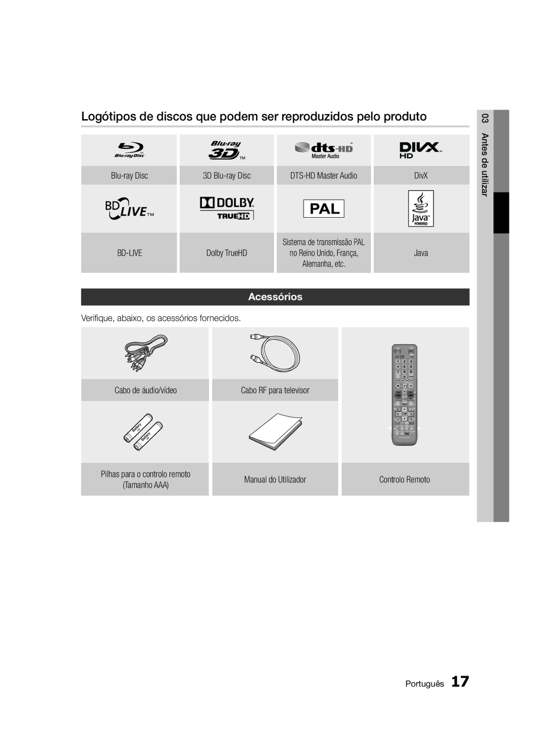 Samsung BD-D6900/ZF manual Logótipos de discos que podem ser reproduzidos pelo produto, Acessórios, Blu-ray Disc 