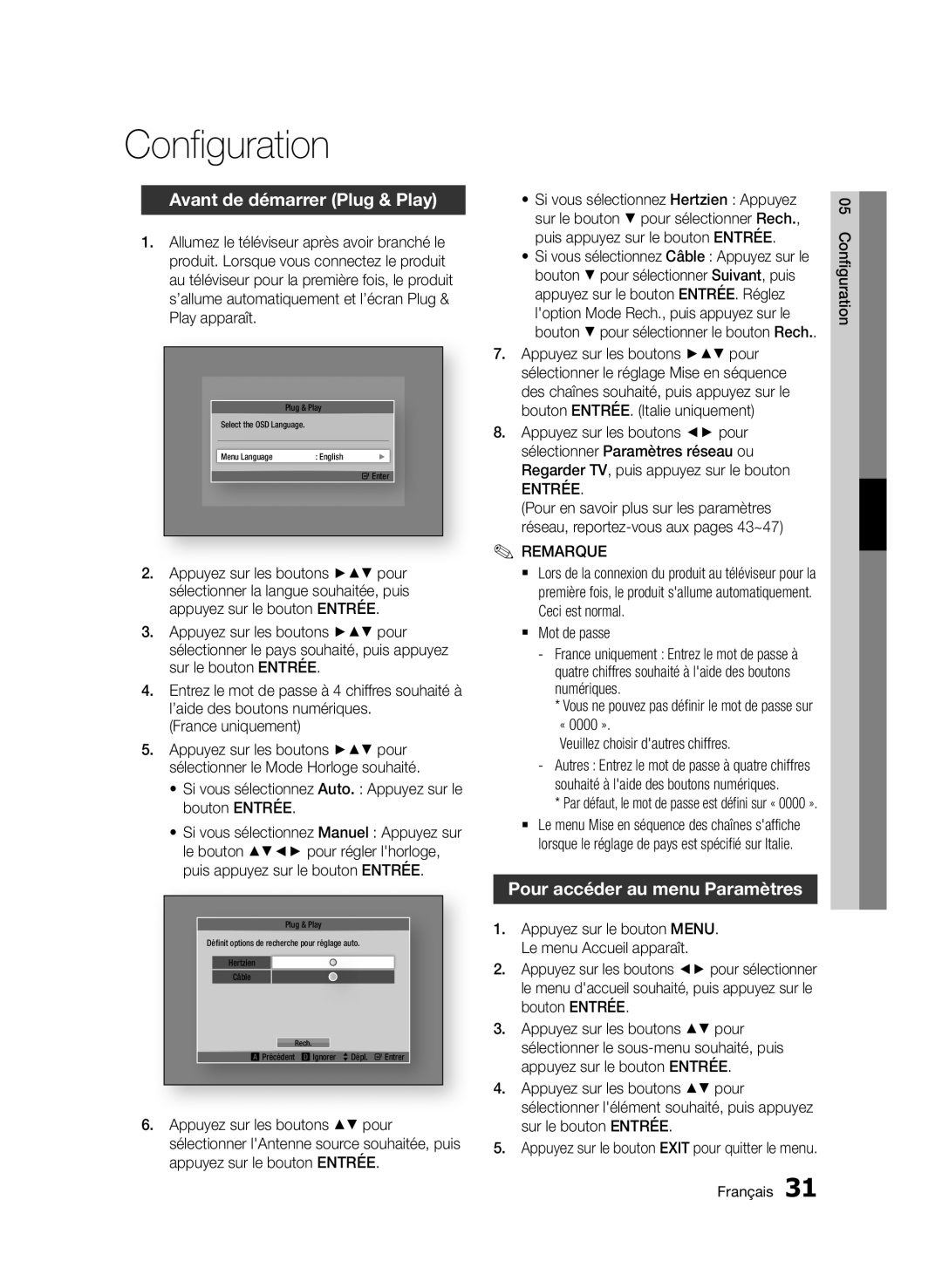 Samsung BD-D6900/ZF manual Configuration, Avant de démarrer Plug & Play, Pour accéder au menu Paramètres 