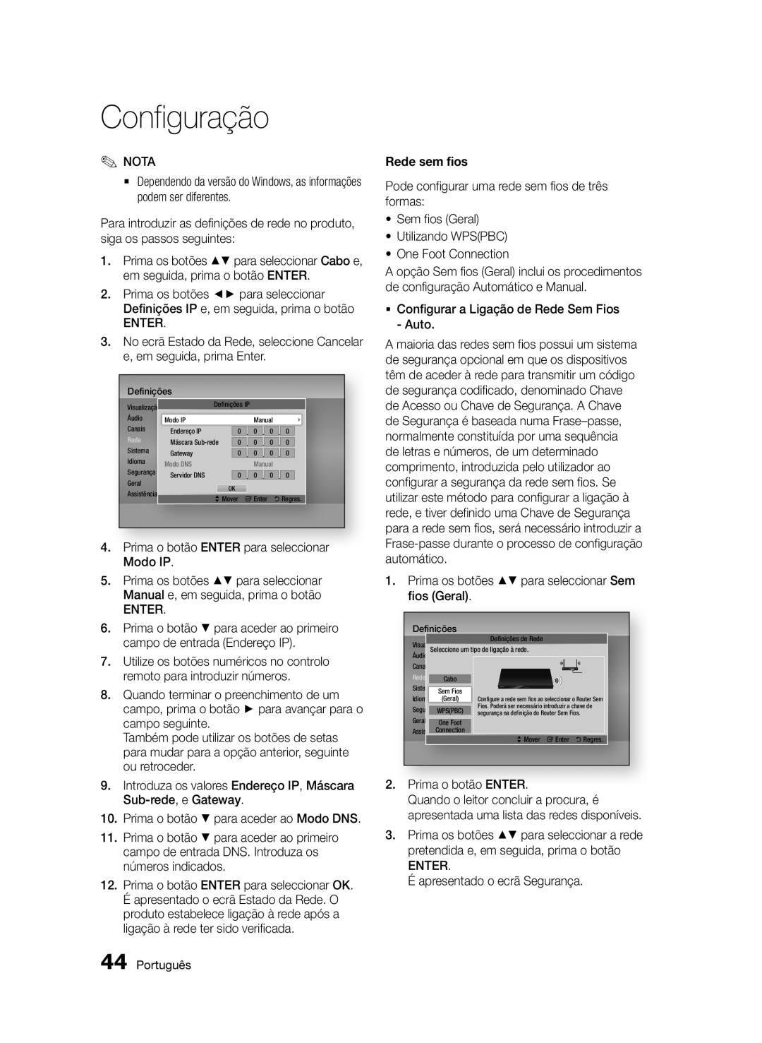 Samsung BD-D6900/ZF manual Prima o botão Enter para seleccionar Modo IP, Rede sem fios, Apresentado o ecrã Segurança 