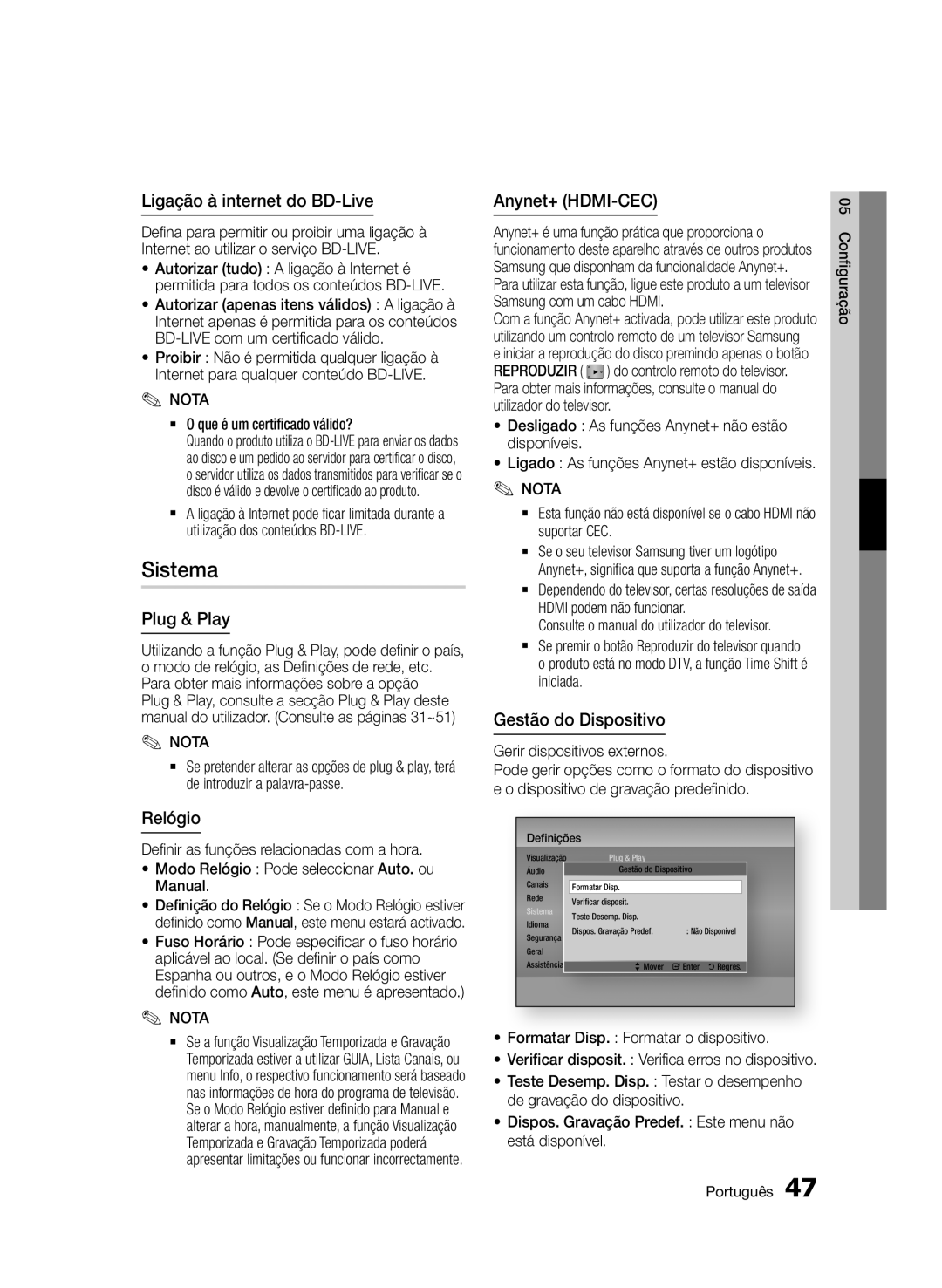 Samsung BD-D6900/ZF manual Ligação à internet do BD-Live, Relógio, Gestão do Dispositivo 