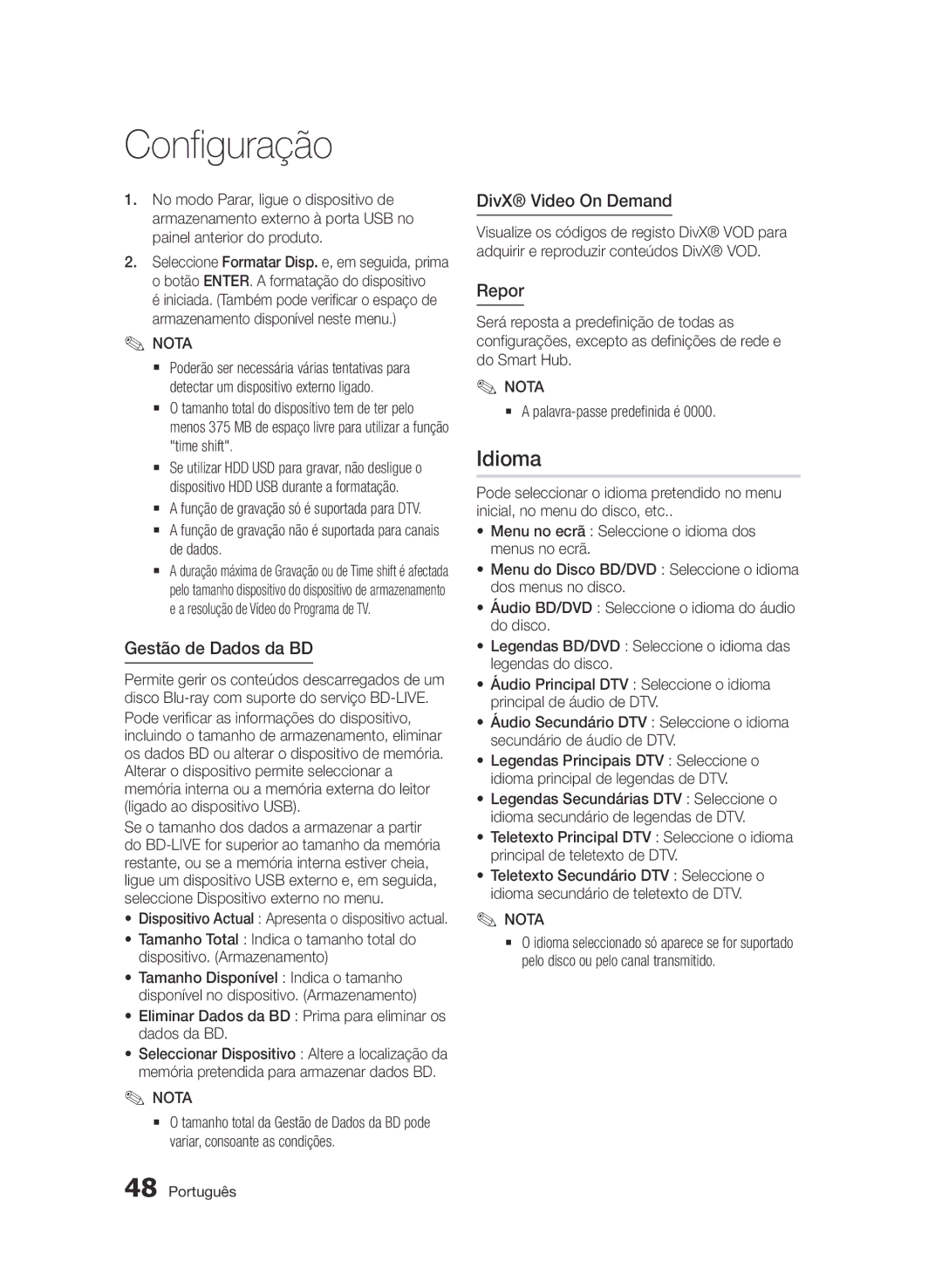 Samsung BD-D6900/ZF manual Gestão de Dados da BD, Repor, Eliminar Dados da BD Prima para eliminar os dados da BD 