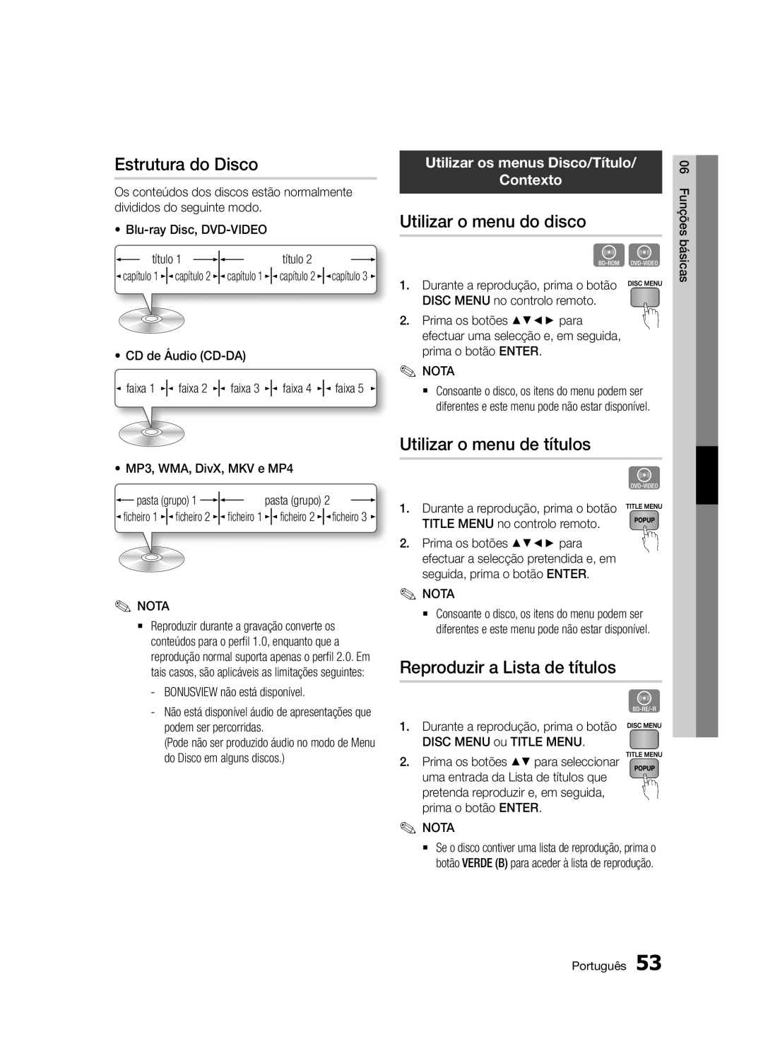 Samsung BD-D6900/ZF manual Estrutura do Disco, Utilizar o menu do disco, Utilizar o menu de títulos 