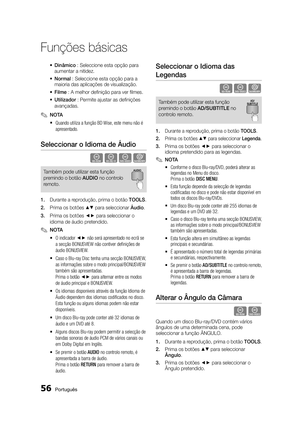 Samsung BD-D6900/ZF manual Seleccionar o Idioma de Áudio, Seleccionar o Idioma das, Alterar o Ângulo da Câmara 