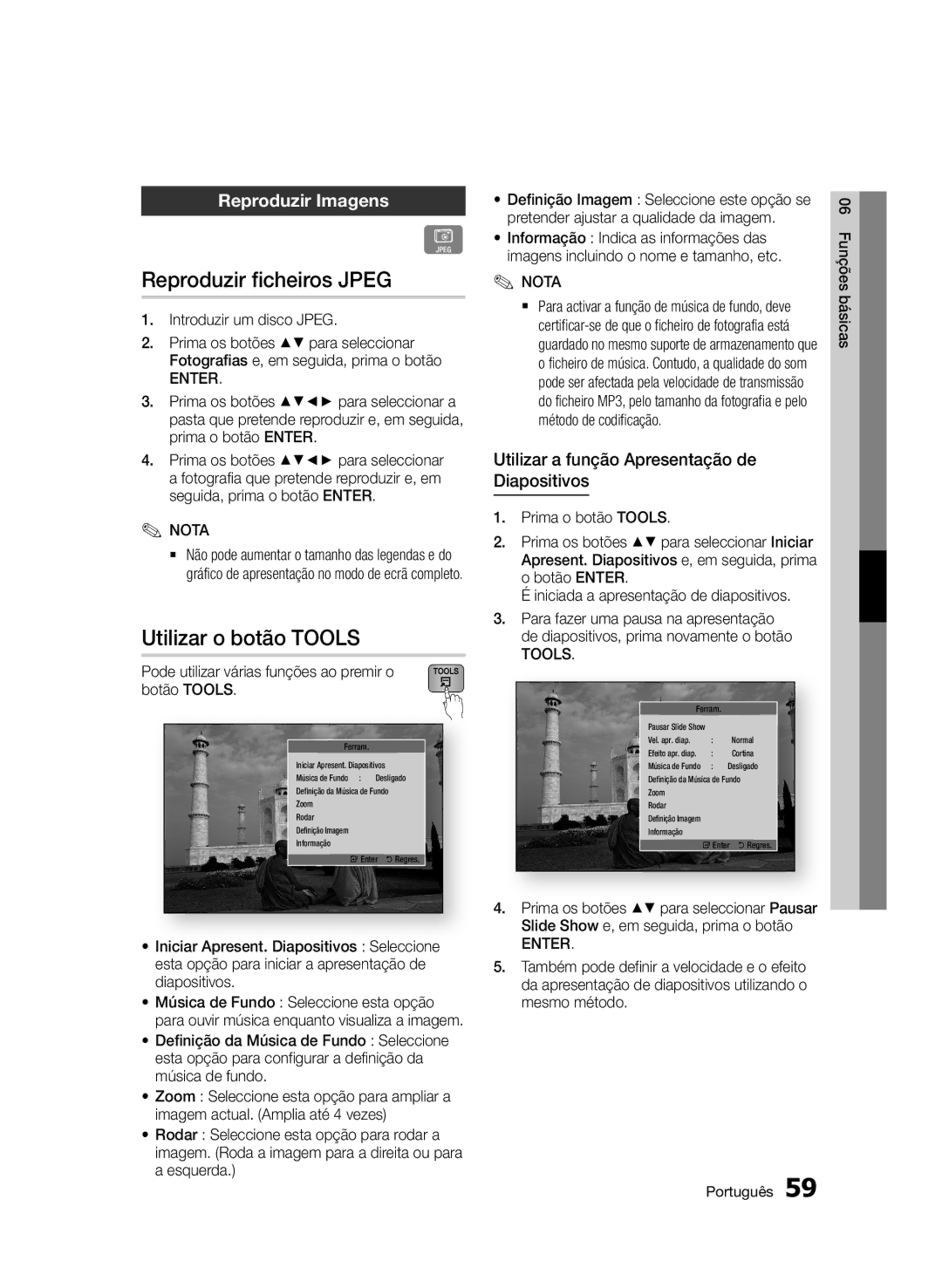 Samsung BD-D6900/ZF manual Reproduzir ficheiros Jpeg, Utilizar o botão Tools, Reproduzir Imagens 