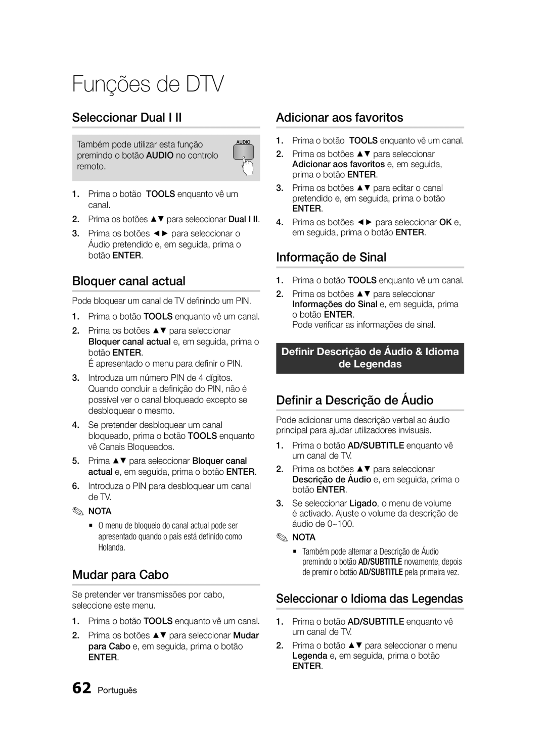 Samsung BD-D6900/ZF manual Seleccionar Dual I, Bloquer canal actual, Mudar para Cabo, Adicionar aos favoritos 