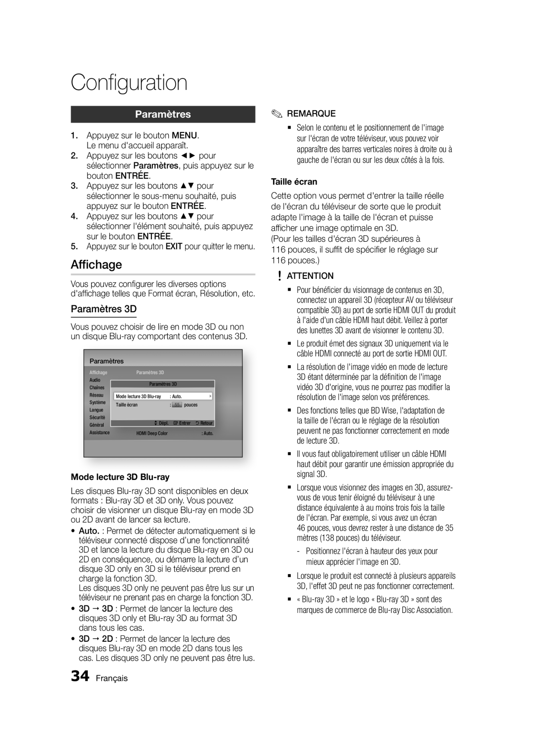 Samsung BD-D6900/ZF manual Affichage, Paramètres 3D, Mode lecture 3D Blu-ray, Taille écran 