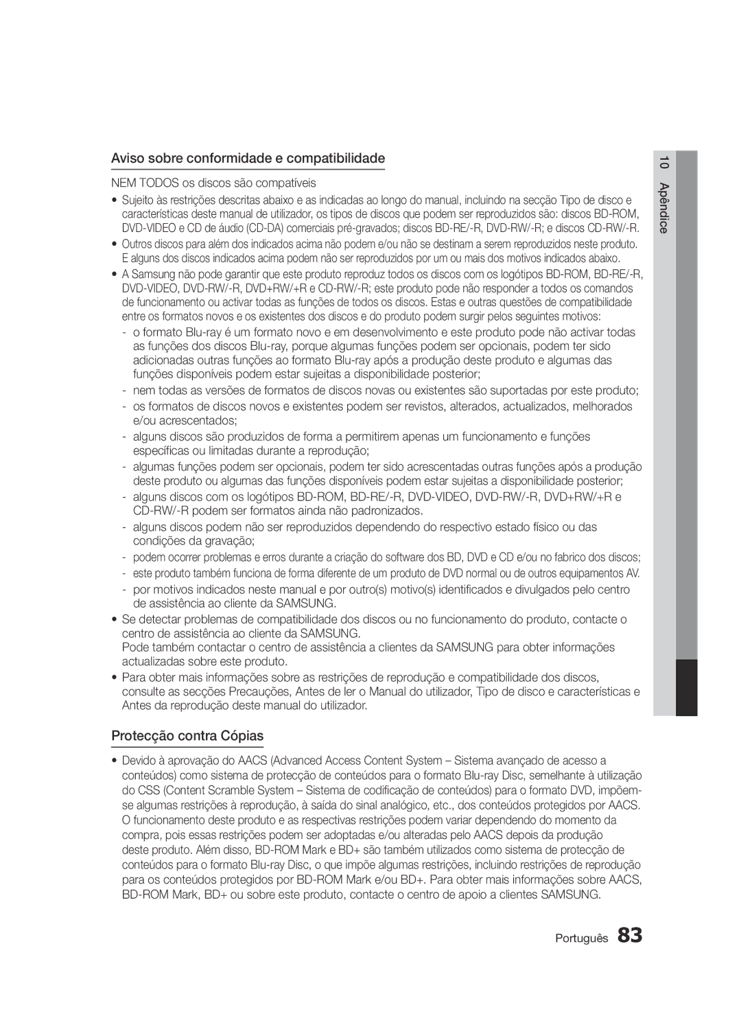 Samsung BD-D6900/ZF manual Aviso sobre conformidade e compatibilidade, Protecção contra Cópias 